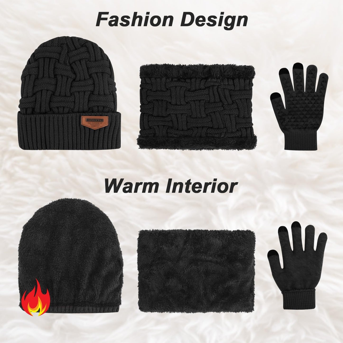 3-Pieces Winter Beanie Hat Scarf and Touch Screen Gloves Set Warm Knit Skull Cap for Men Women, Black(Hat Scarf Gloves)