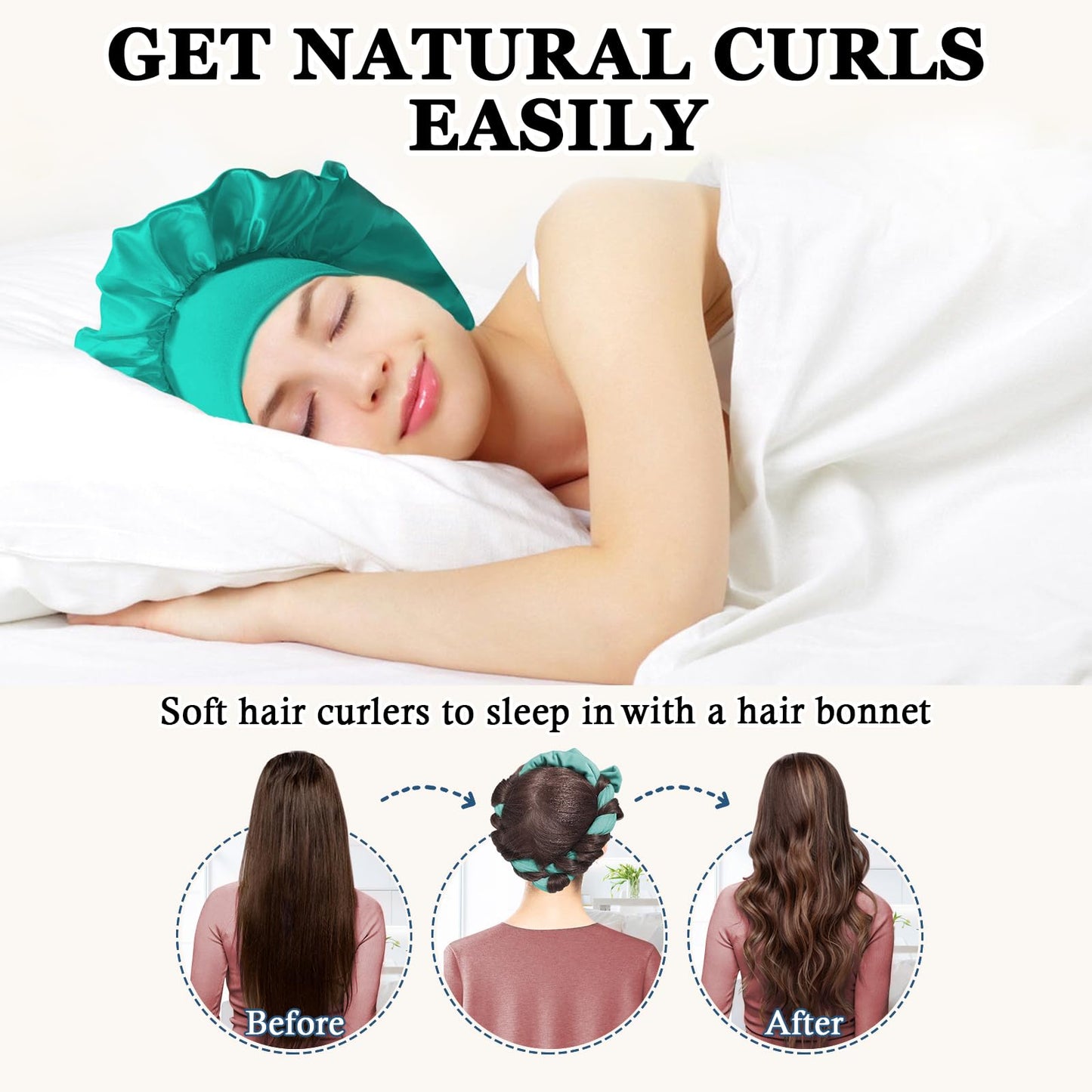 Gwabee No Heat Overnight Curl Headband, 70" Soft Ribbon Wrap for Long Hair, 9 PCS Hair Curling Rods Set - Blue Green