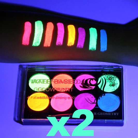 2x8 Neon Face Paint Palette, Glow in The UV Blacklight Body Paint, Water Based Fluorescent Face Painting Kit Palette, Water Activated Washable for Kids Adult Halloween Masquerades Club Makeup