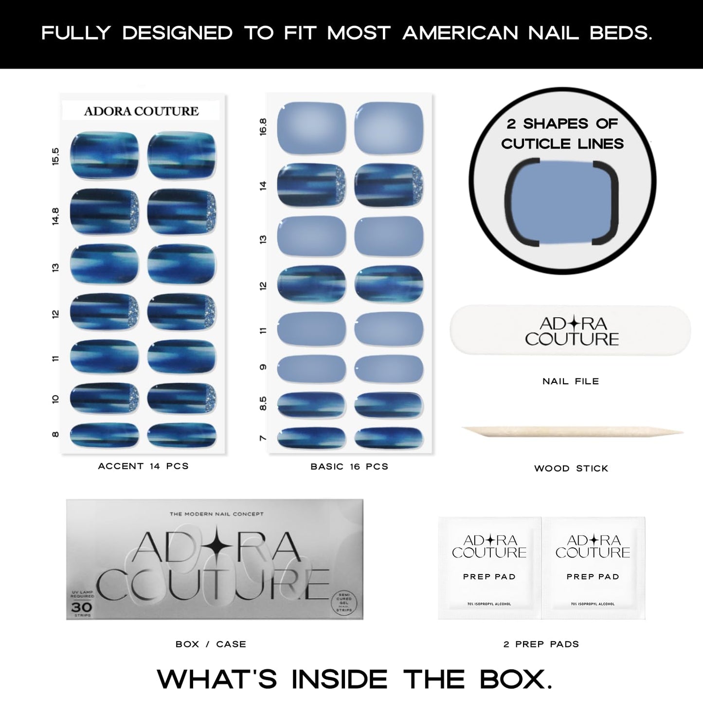 Adora Couture Semi Cured Gel Nail Strips with 30 Pieces, Salon Quality Nail Wraps for Women, Blue Glossy with Glitter UV Gel Nail Stickers, UV Light Required, England Royal
