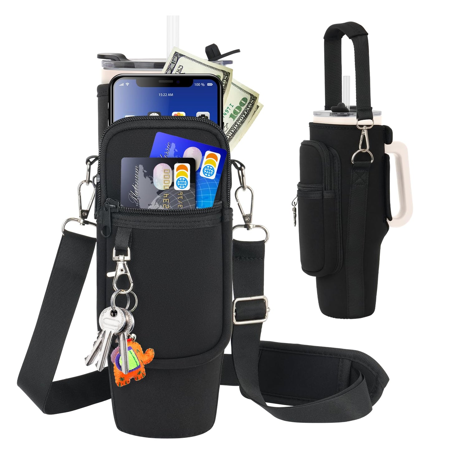 Water Bottle Carrier Bag with Phone Pocket Compatible with Stanley/Meoky 40 oz Tumbler with Handle,Neoprene Water Bottle Holder Pouch with Adjustable Strap Compatible with Stanley Cup Accessories