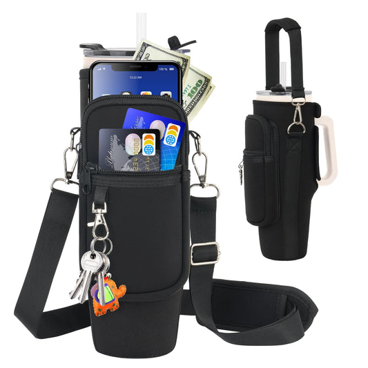 Water Bottle Carrier Bag with Phone Pocket Compatible with Stanley/Meoky 40 oz Tumbler with Handle,Neoprene Water Bottle Holder Pouch with Adjustable Strap Compatible with Stanley Cup Accessories