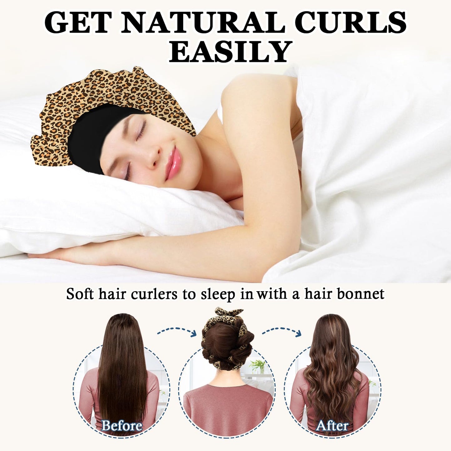 Gwabee No Heat Overnight Curl Headband - 70" Soft Ribbon Wrap for Long Hair, 9 PCS Curling Rods Set - Leopard Print Curls Headband