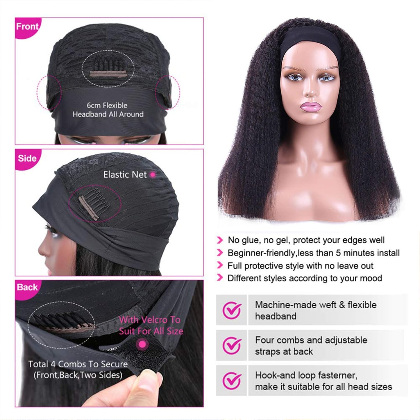 20inch Headband Wigs Human Hair 180% Density Half Wigs for Black Women Human Hair Kinky Straight Headband Wigs for Women 12A Yaki Straight Wig None Lace Front Wigs for Black Women Natural