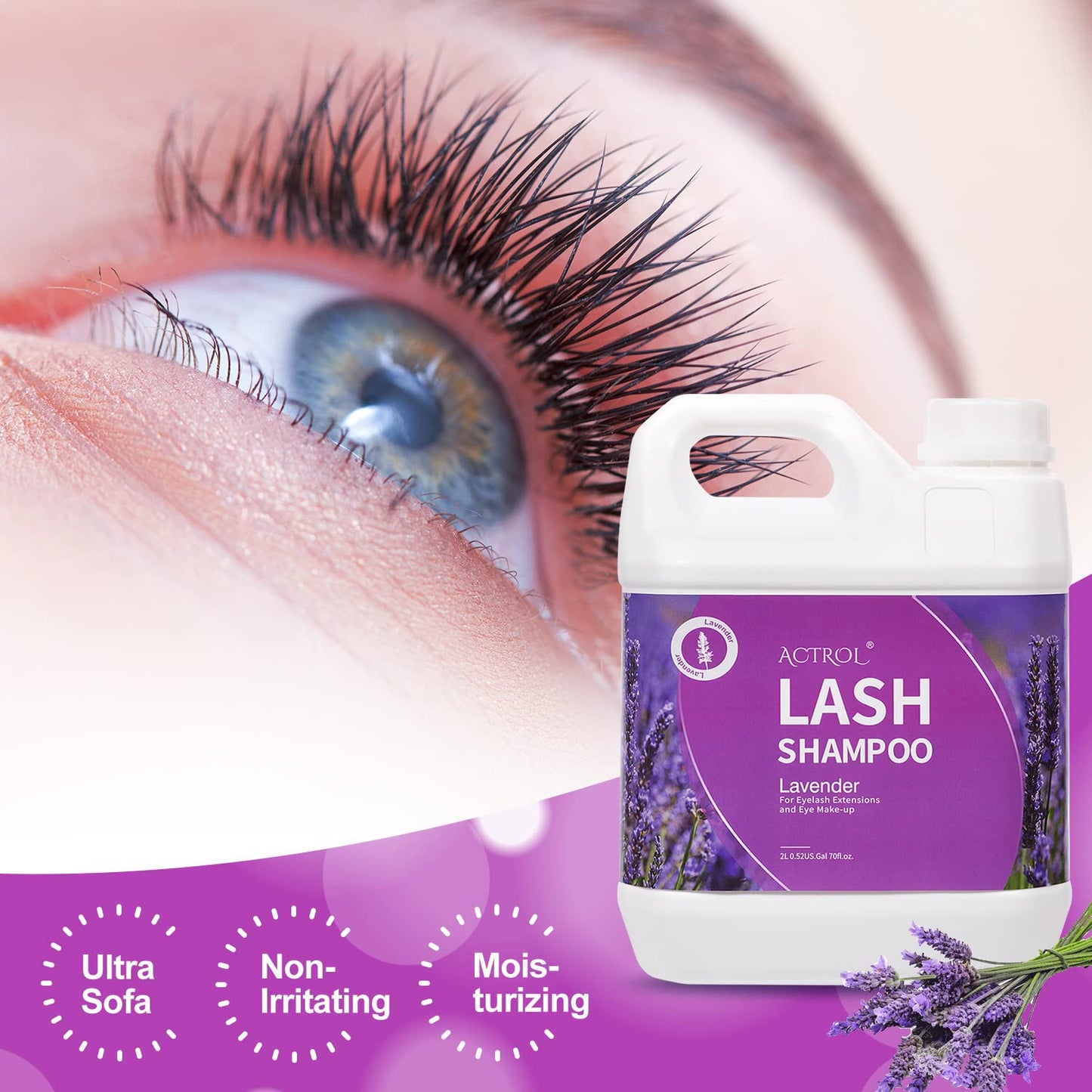 ACTROL Eyelash Extension Cleanser Lavender 2L Natural Lash Extension Shampoo Professional Eyelid Foaming Cleanser Paraben & Sulfate Free Non-lrritating with Salon and Home Care