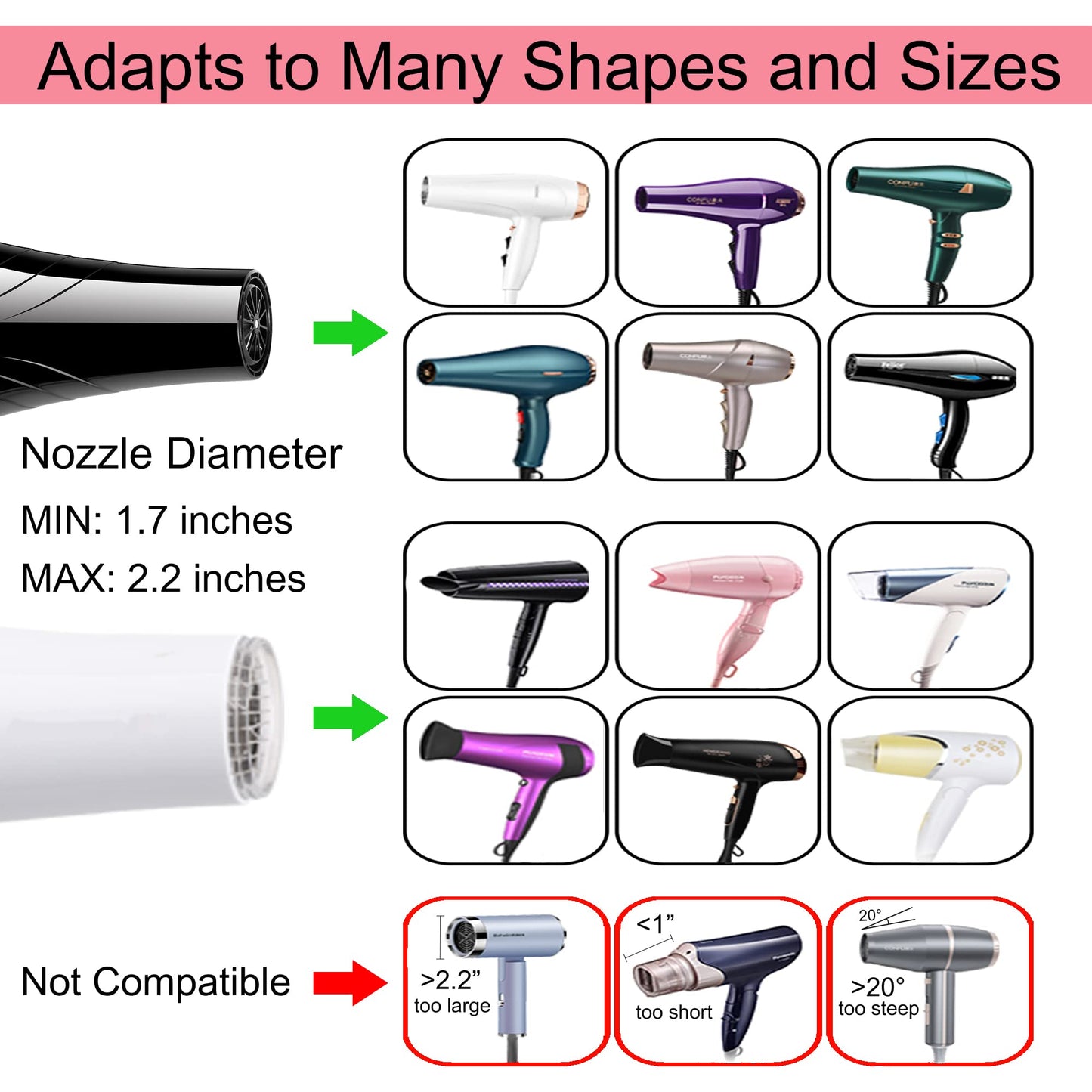 Universal Hair Diffuser Adaptable Hair Dryer Attachment for Blow Dryer Nozzles from 1.7 to 2.2 inch Diameter (White)