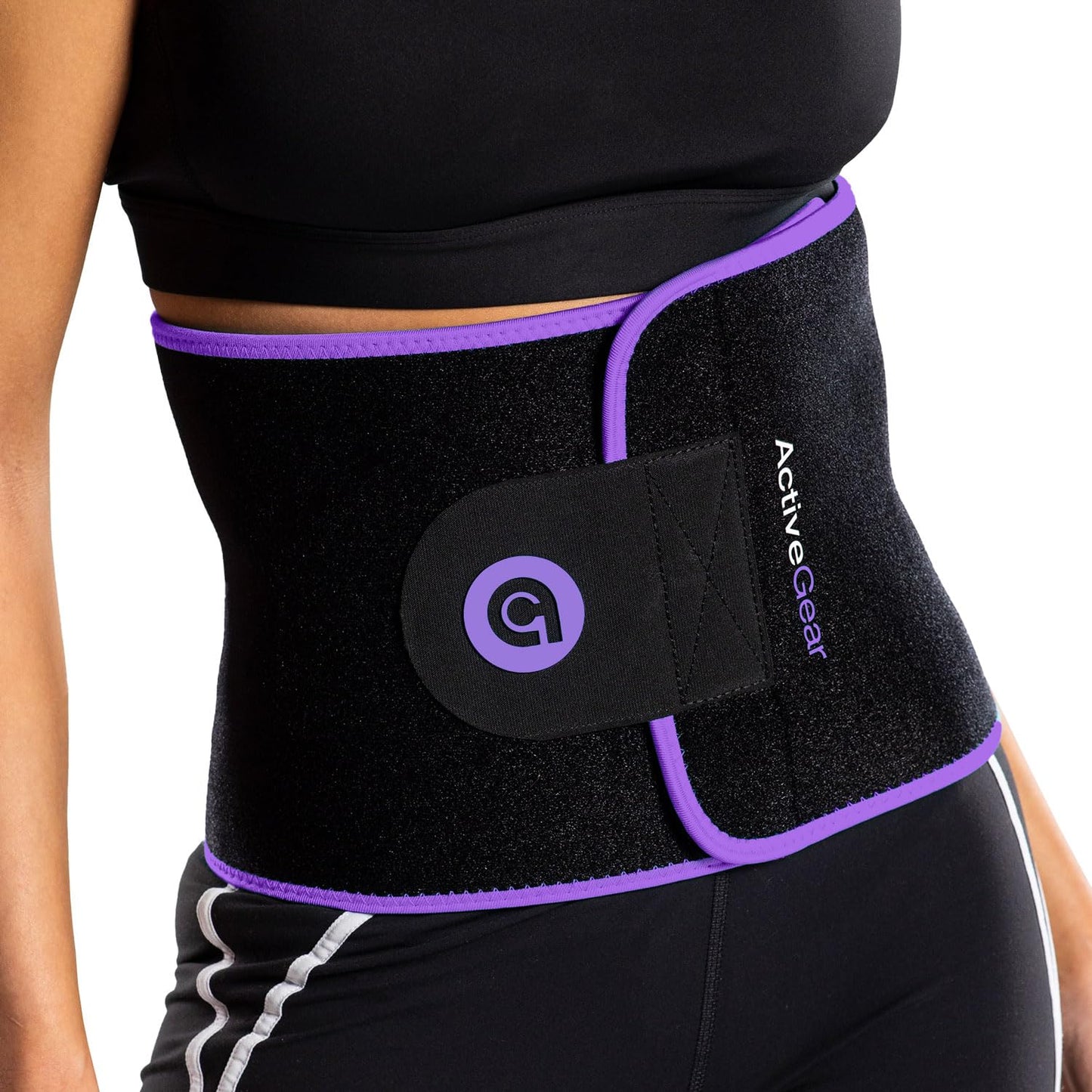 ActiveGear Waist Trainer for Women & Men - Sweat Band Waist Trimmer Belt for a Toned Look - Reinforced Trim and Extra Secure Fastening (Purple Hem, Medium: 8” x 42”)