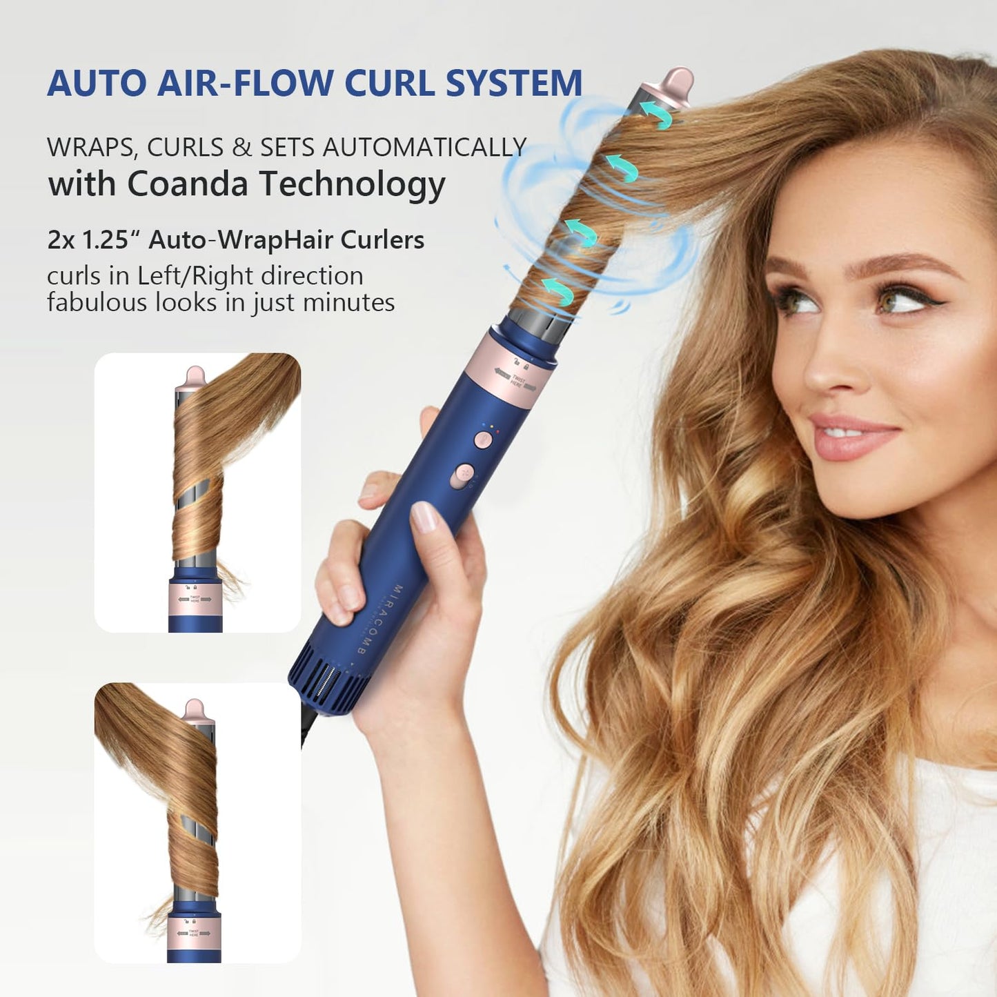 Hair Dryer Brush Professional Hair Multi-Stylers - MIRACOMB Ionic Hot Air Styling System with Auto Wrap Curlers, Brushless Motor, Intelligent Heat Control - Fast Drying - Versatile for All Hair Types