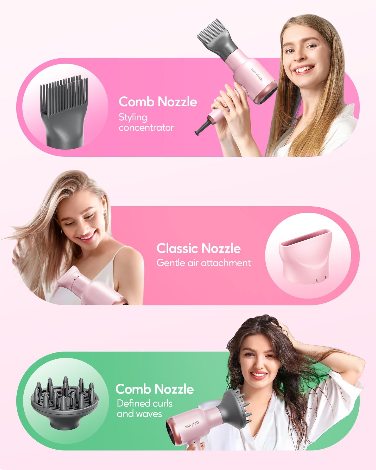 Wavytalk Hair Dryer with Diffuser, Blown Away Ionic Blow Dryer for Curly Hair with Comb, 1875W Fast Drying Hair Dryer with Ceramic Technology, 3 Attachments for All Hair Types, Light and Quiet, Pink