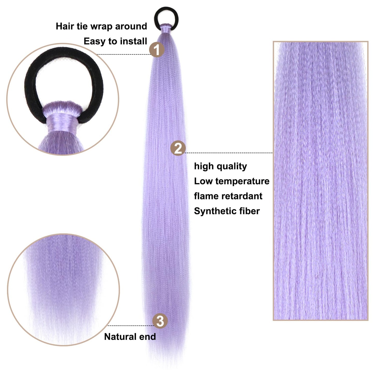 2 Pack Purple Ponytail Extension with Elastic Tie Straight Sleek Wrap Around Braid Ponytail Light Purple 26 Inch (Light Purple#)