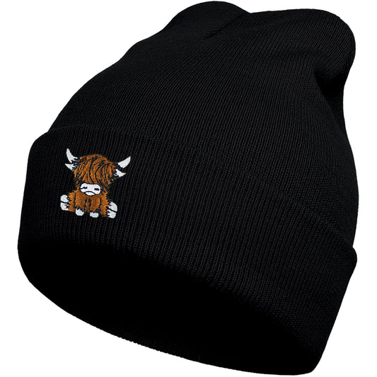 gswirmchsq Scottish Highland Cow Beanie Hat Black, Cute Funny Cow Embroidery Winter Knit Skull Cap for Adult Men Women