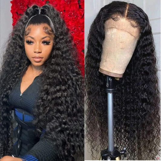 13x6 Deep Wave Lace Front Wigs Human Hair 200% Density Black Curly Lace Frontal Wig Human Hair for Women Glueless Wigs Human Hair Wet and Wavy Wigs Pre Plucked with Baby Hair (32 Inch)