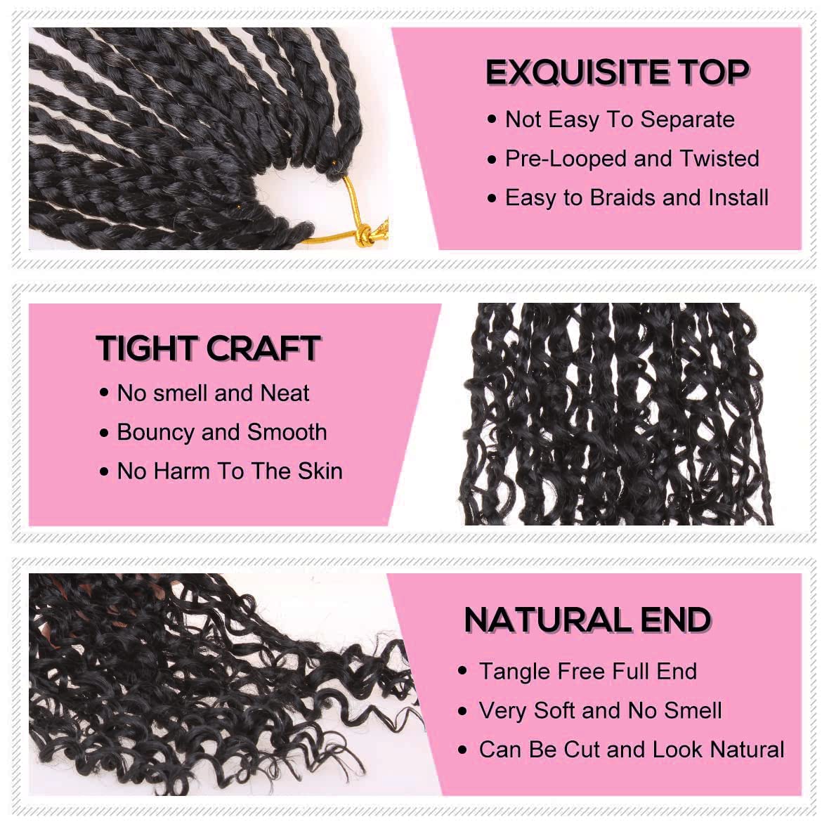COOKOO 8 Inch Boho Box Braids Crochet Hair for Black Women 8 Pack Synthetic Pre Looped Bohemian Goddess Box Braids Crochet Hair Curly Ends Braiding Hair 1B#