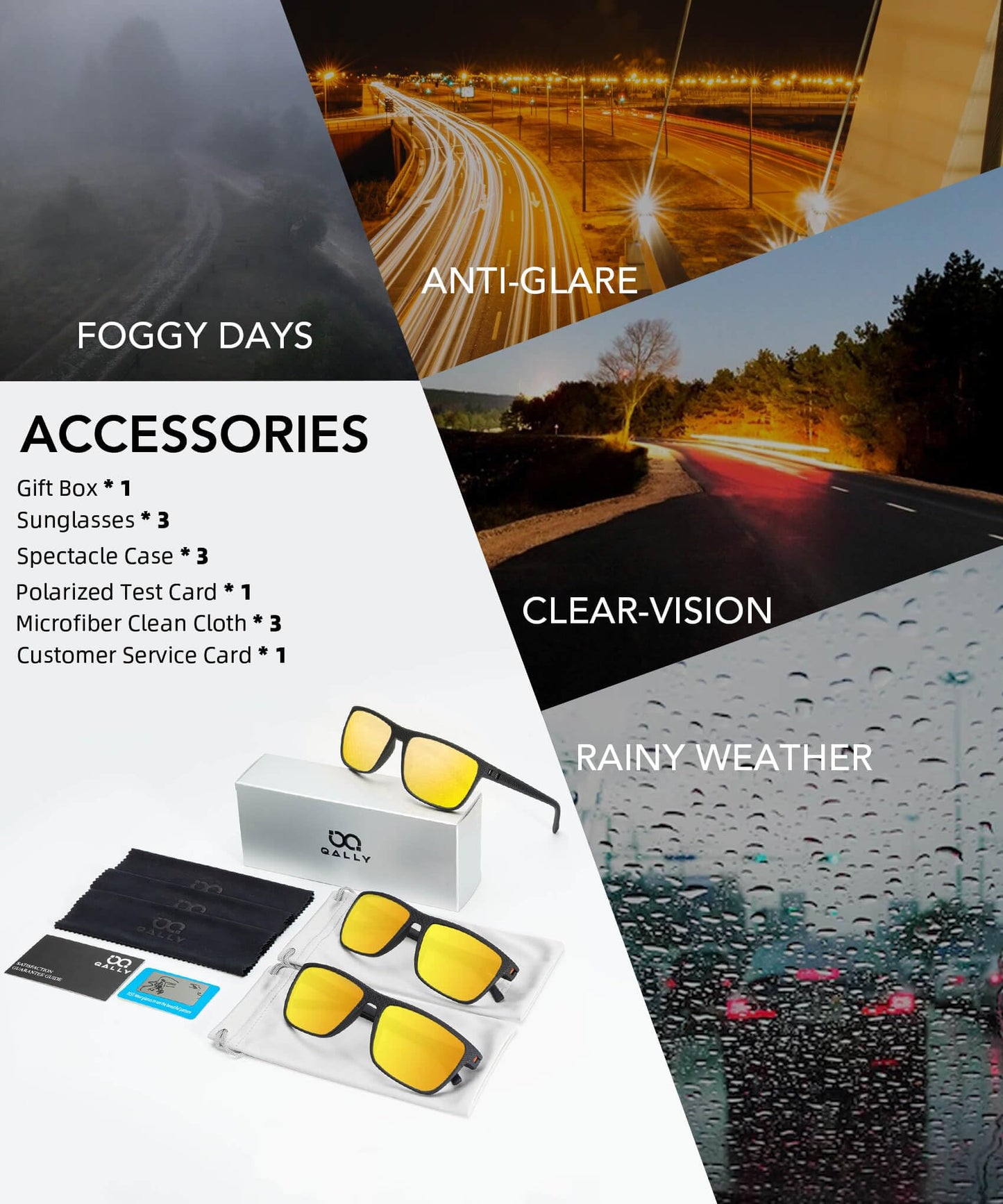 QALLY Night Vision Glasses Men, Night Driving Glasses for Men Lightweight Anti Glare for Driving