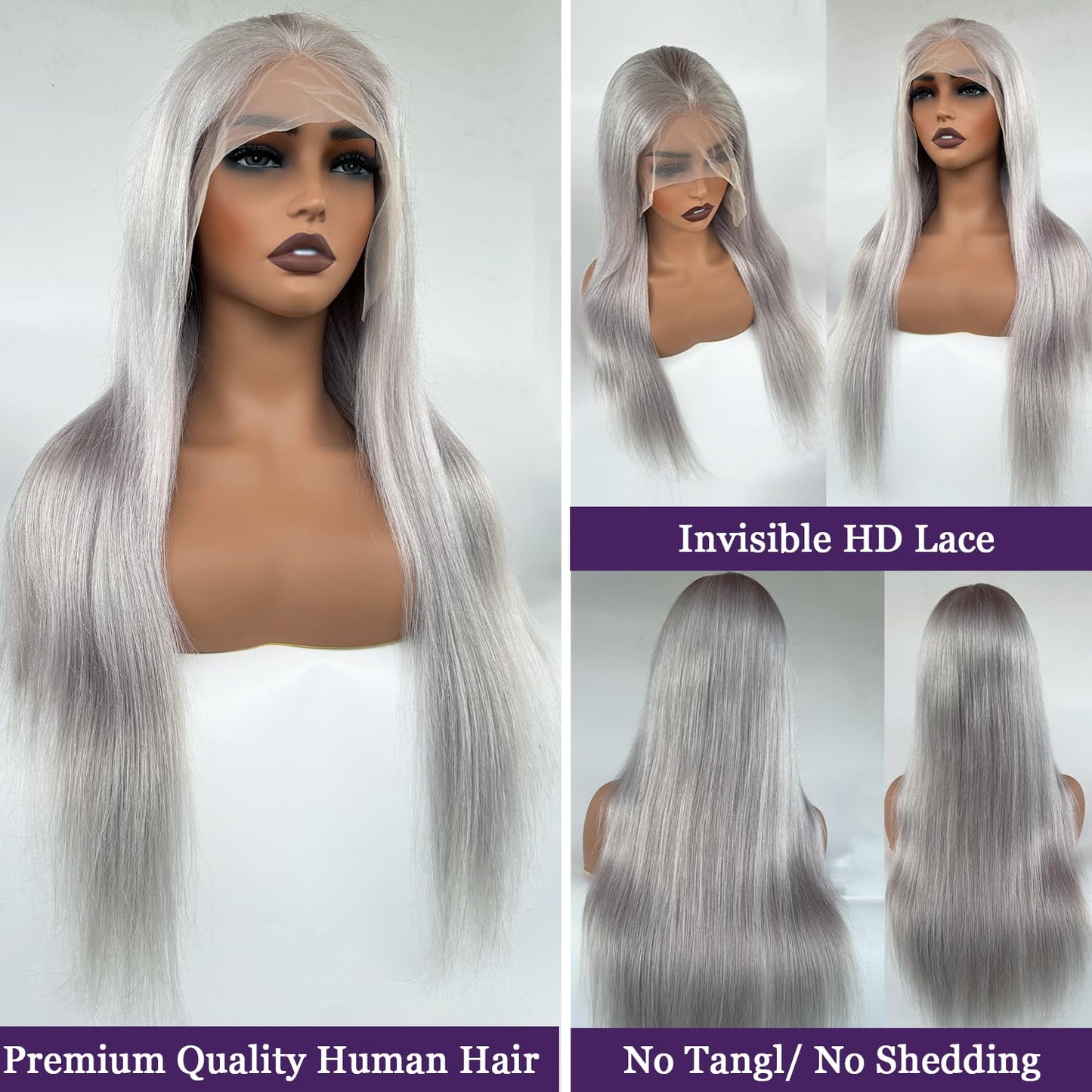 Grey Lace Front Wigs Human Hair 22 Inch 13x6 Grey Wig Human Hair Pre Plucked Glueless HD Lace Front Grey Wigs for Black Women 180% Density Colored Silver Grey Straight Human Hair Lace Front Wigs