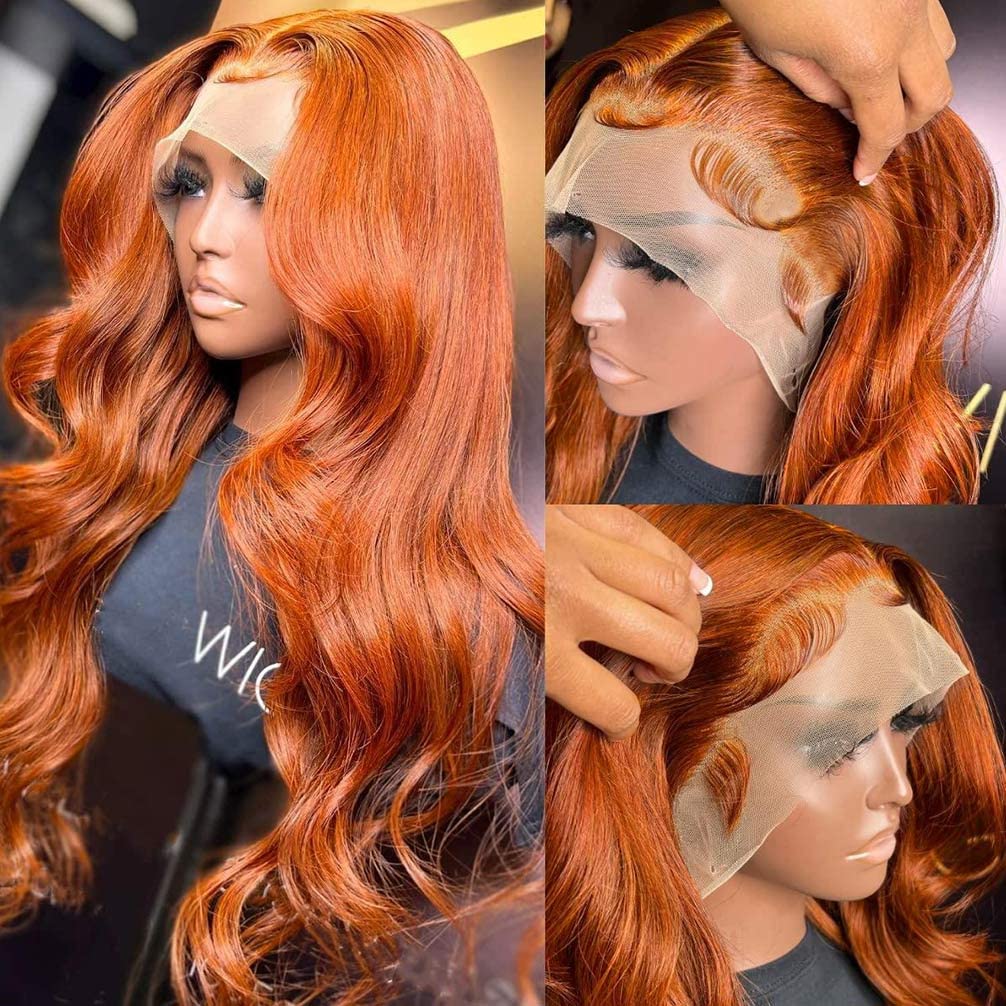 13X4 Orange Ginger Lace Front Wigs Human Hair Pre Plucked Brazilian Colored Body Wave Human Hair Wigs for Black Women HD Lace Frontal Wigs Human Hair 180% Density (28 Inches)