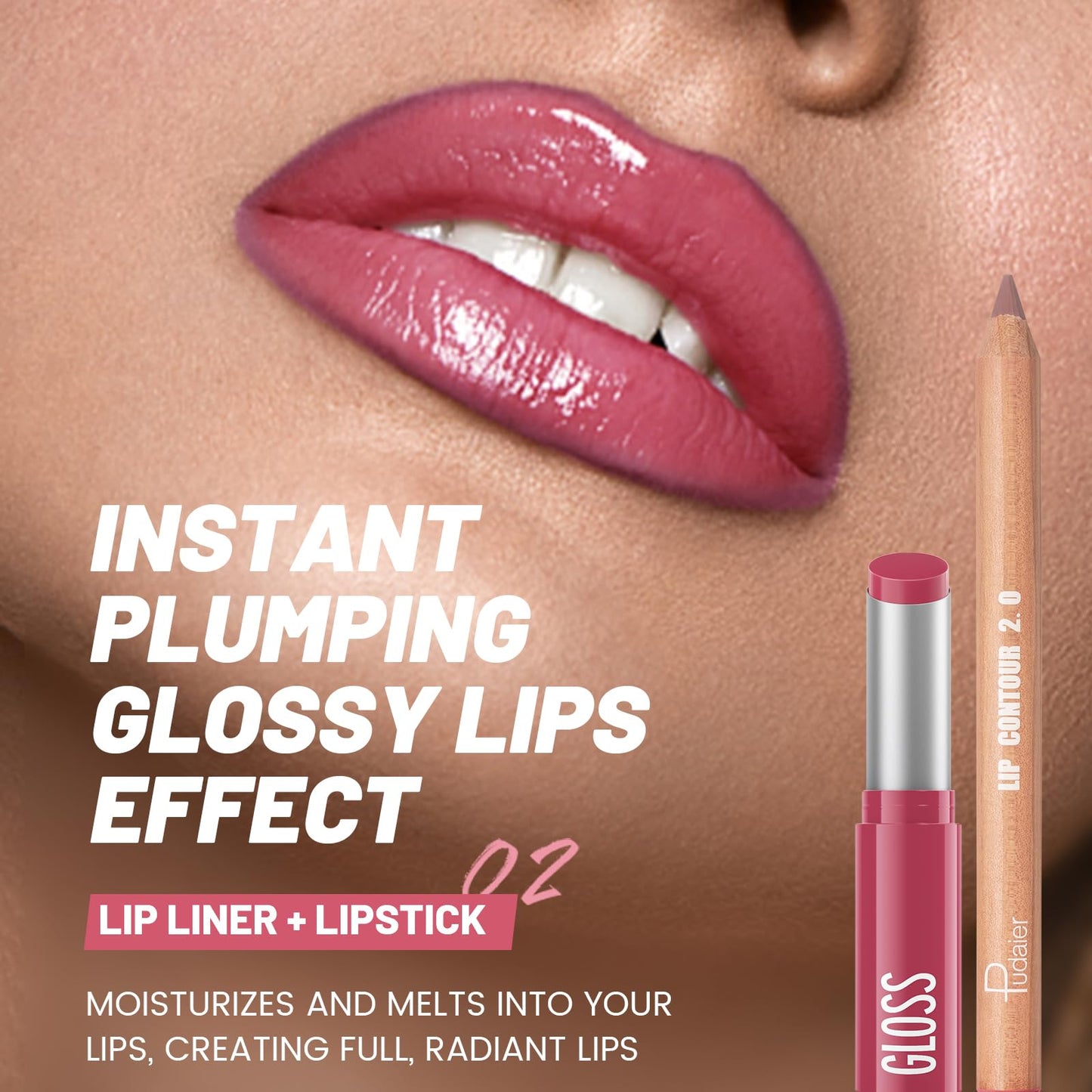 2Pcs Lip Liner and Lipstick Combo, Highly Pigmented Lip Liner and Lipstick Set for women, Long Lasting Matte Lip Pencil and Hydrating Lip Balm Lip Gloss Makeup Kits with Sharpener