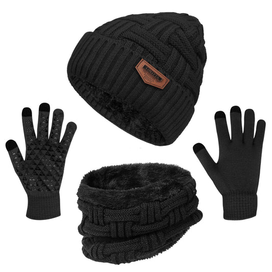 3-Pieces Winter Beanie Hat Scarf and Touch Screen Gloves Set Warm Knit Skull Cap for Men Women, Black(Hat Scarf Gloves)