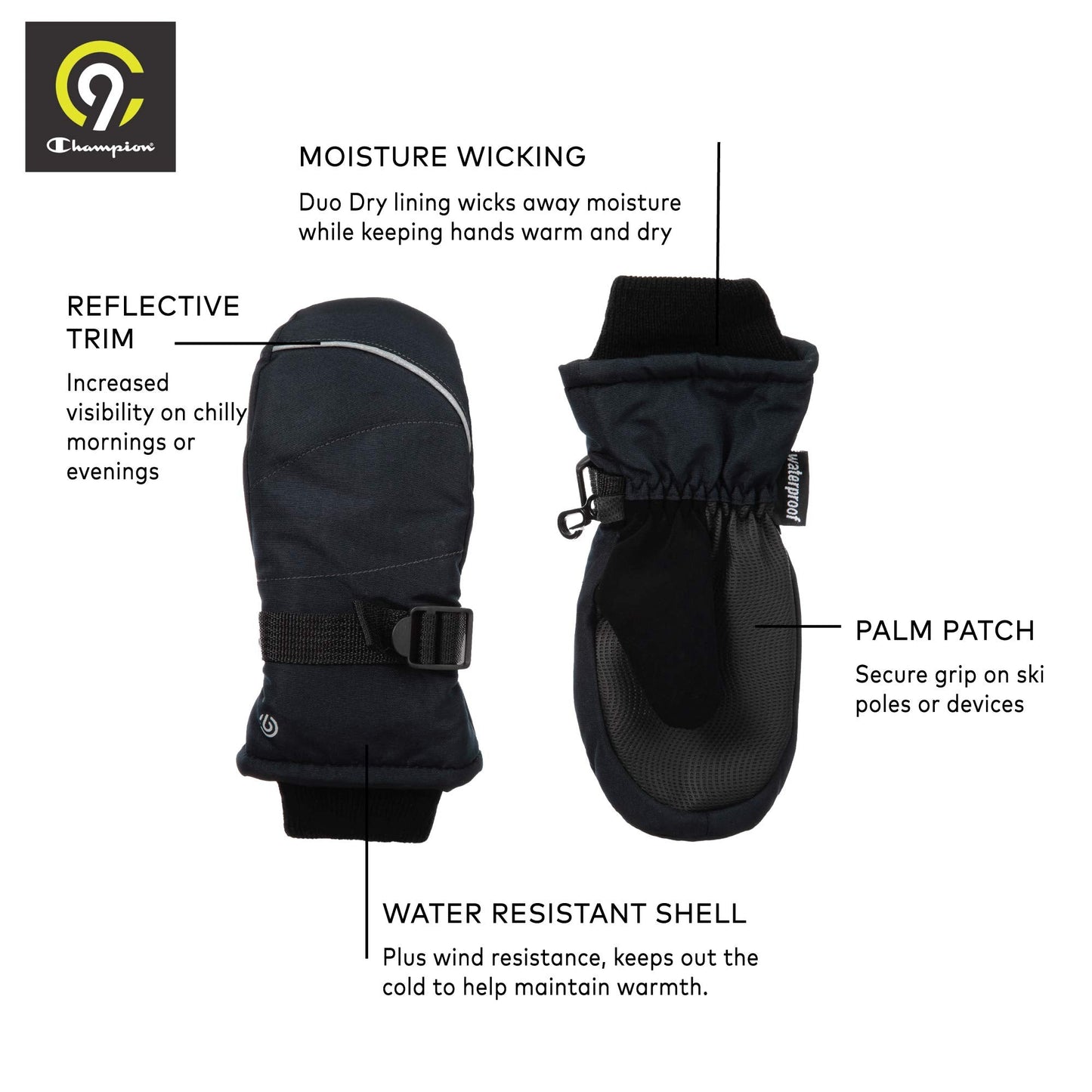 C9 Champion Kids Unisex Cold Weather Windproof and Waterproof Snow and Ski Mitten with Reflective Trim