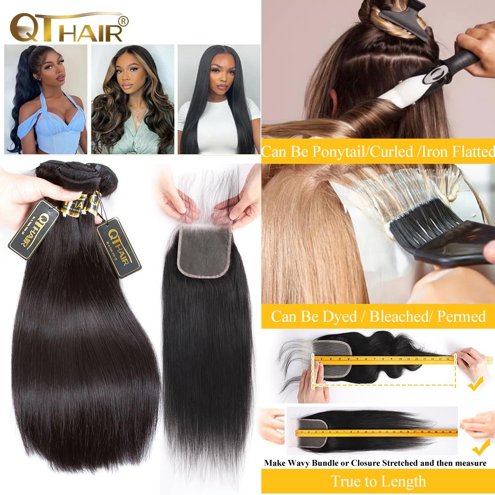 QTHAIR 14A Grade Brazilian Straight Human Hair Bundles with Closure(14" 16" 16"+12"Free Part Lace Closure,Natural Black) 100% Unprocessed Brazilian Virgin Hair Extensions for All Women