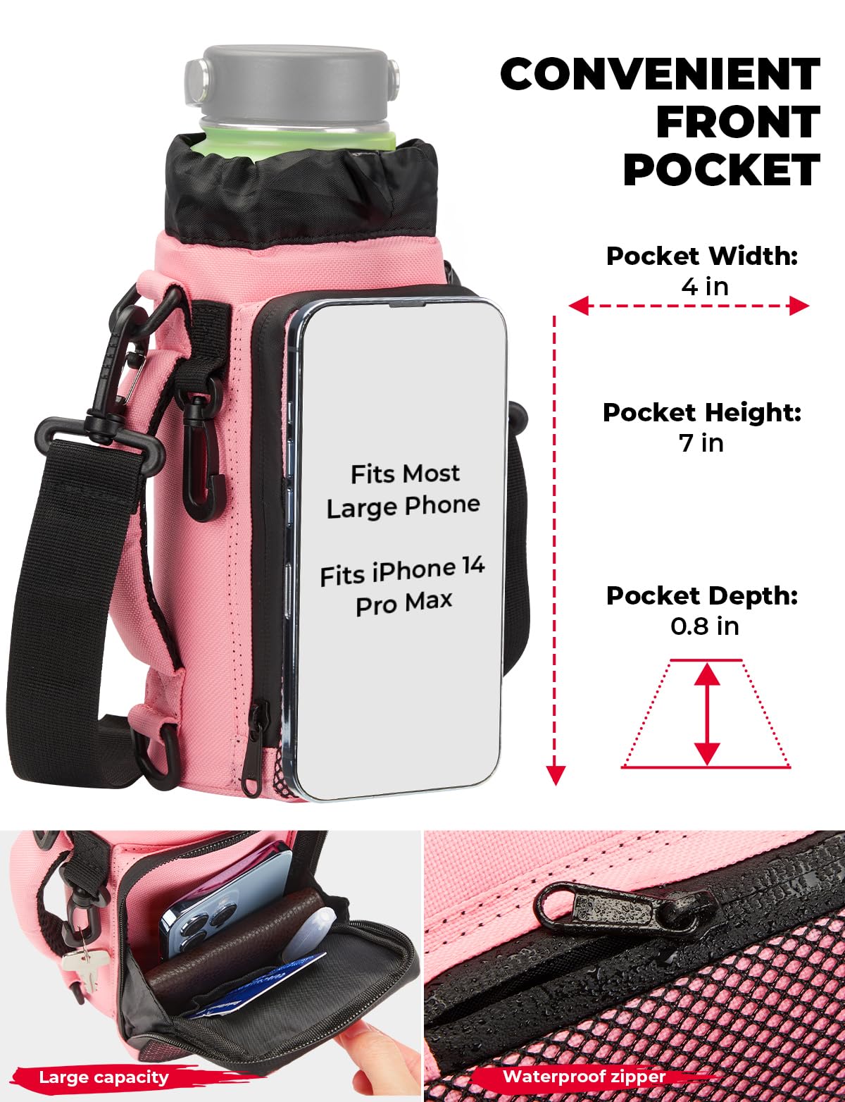 KEMIMOTO Water Bottle Holder Bag, Water Bottle Carrier with Adjustable Shoulder Strap, Water Bottle Pouch Holder for Hiking, Camping, Fishing, Compatible with YETI STANLEY SLM 32 oz, 40 oz, 64 oz