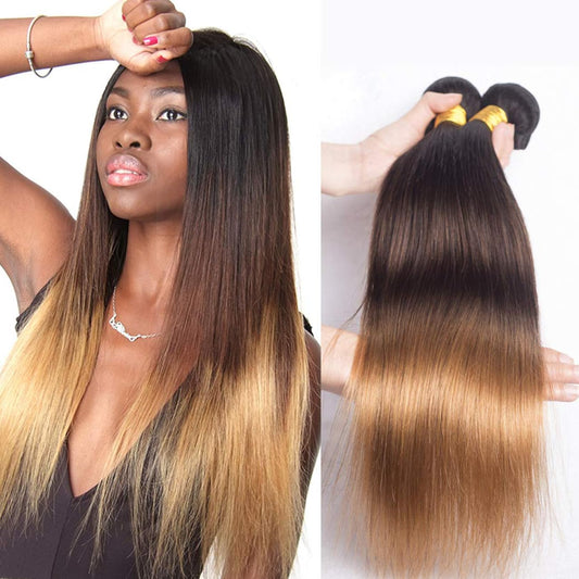 1B/4/27 Hair 3 Bundles Straight Bundles Ombre Brazilian Remy Human Hair Bundle Honey Blonde and Brown And Blonde Bundle Three Tone Hair Weave Real Unprocessed Virgin Hair 3 Bundles 24 26 28 Inch