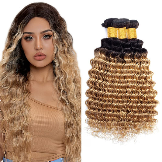 1B27 Ombre Deep Wave Human Hair Bundles Honey Blonde Deep Wave Hair 3 Bundle 24 26 28 Inch Unprocessed Virgin Hair Bundle Brazilian Remy Hair Weave Double Weft Hair Extensions