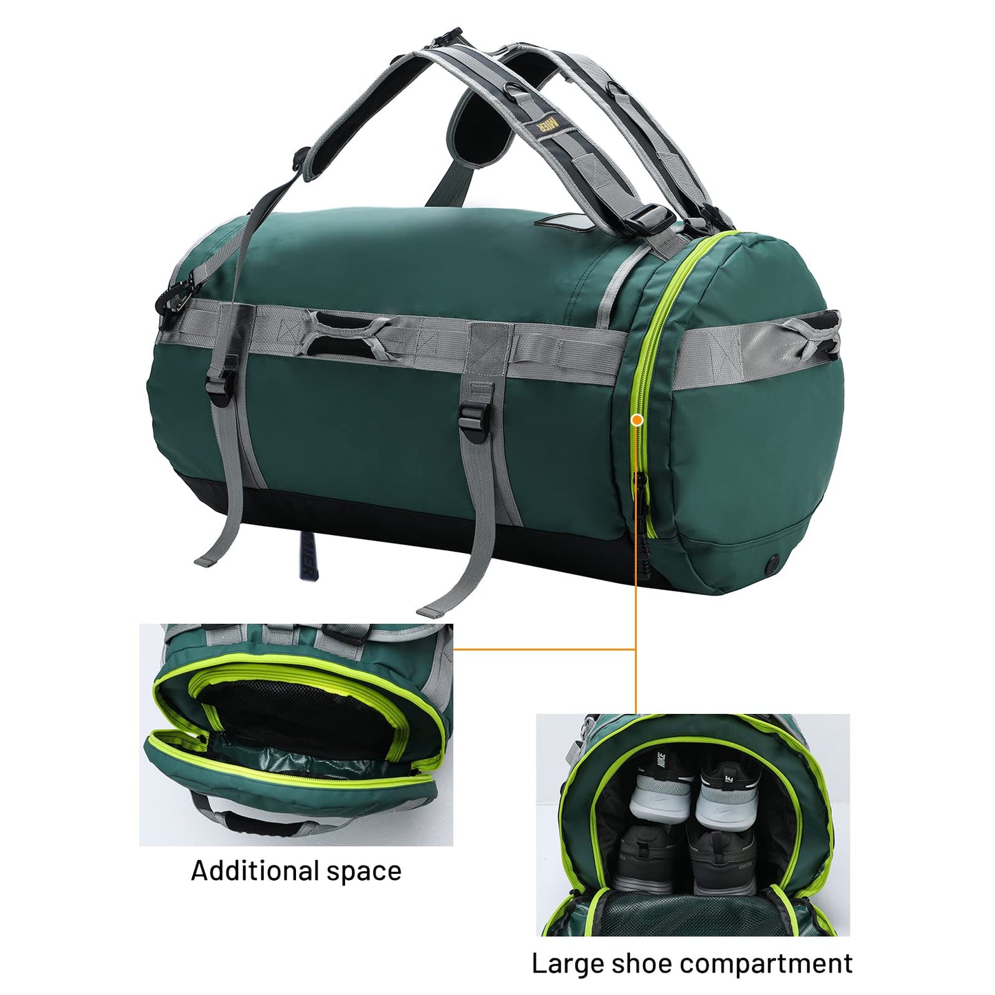 MIER Large Duffel Backpack Sports Gym Bag with Shoe Compartment, Heavy Duty and Water Resistant, Green, 45L