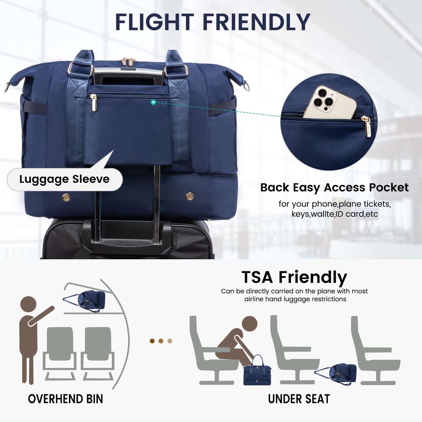 Gym Bag for Women LOVEVOOK Travel Duffel Bag with USB Charging Port, Navy Blue, Medium