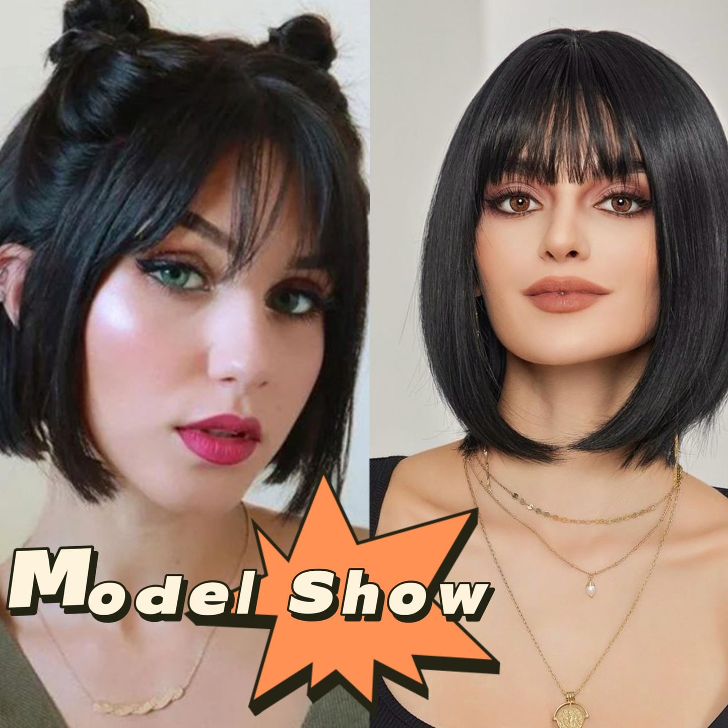 Tangyaoyusun 12Inch Black Wig with Bang Short Straight Bob Hair For Girls Women Theme Party(Black)