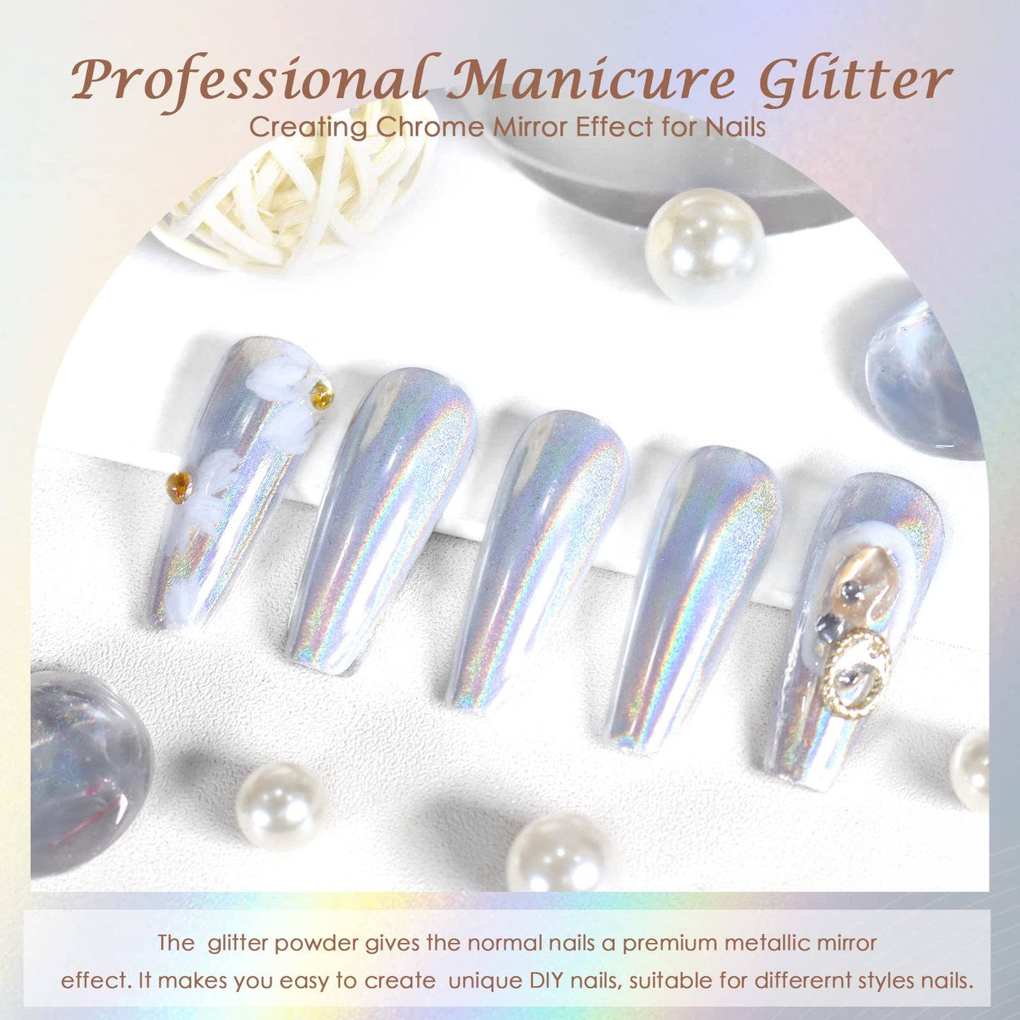 Laza Chrome Nail Powder Mirror Effect Metallic Dust Holographic Glitter Glazed Manicure Decoration Reflective Pigment for DIY Gel Polish Nail Art, Resin Craft, Gifts - Laser Silver