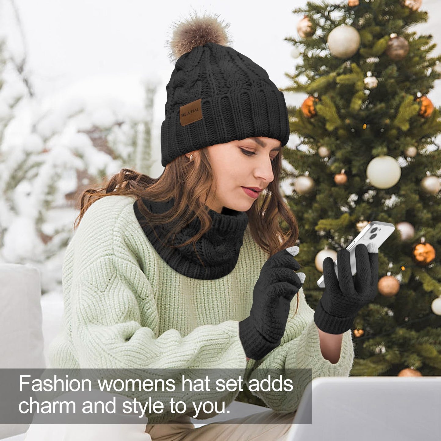 3 Pieces Winter Hat and Scarf Set for Women Warm Knit Beanie Fleece Lined Pom Hats Neck Warmer Touchscreen Gloves Gifts,Black Set
