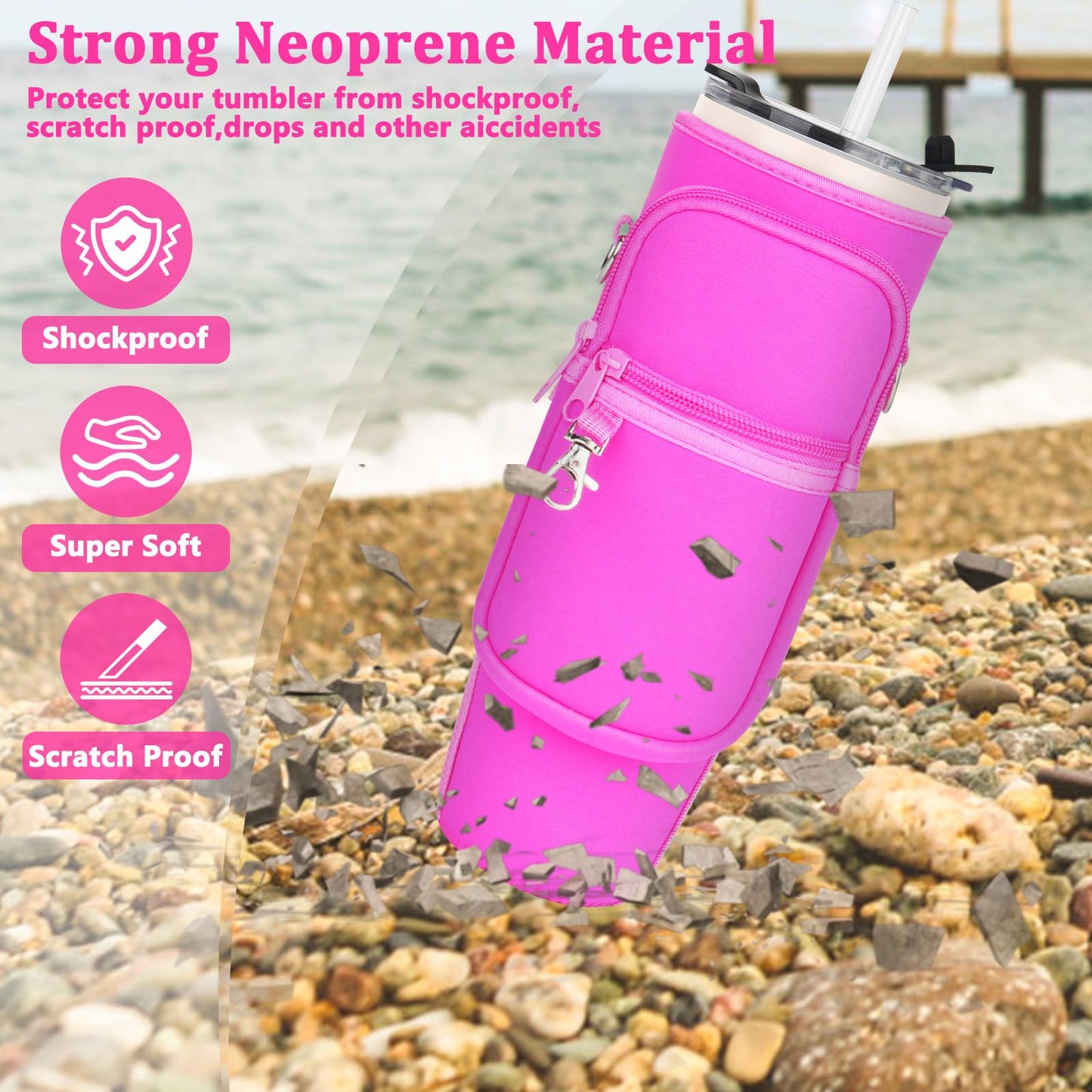 Water Bottle Carrier Bag with Phone Pocket Compatible with Stanley/Meoky 40 oz Tumbler with Handle,Neoprene Water Bottle Holder Pouch with Adjustable Strap Compatible with Stanley Cup Accessories