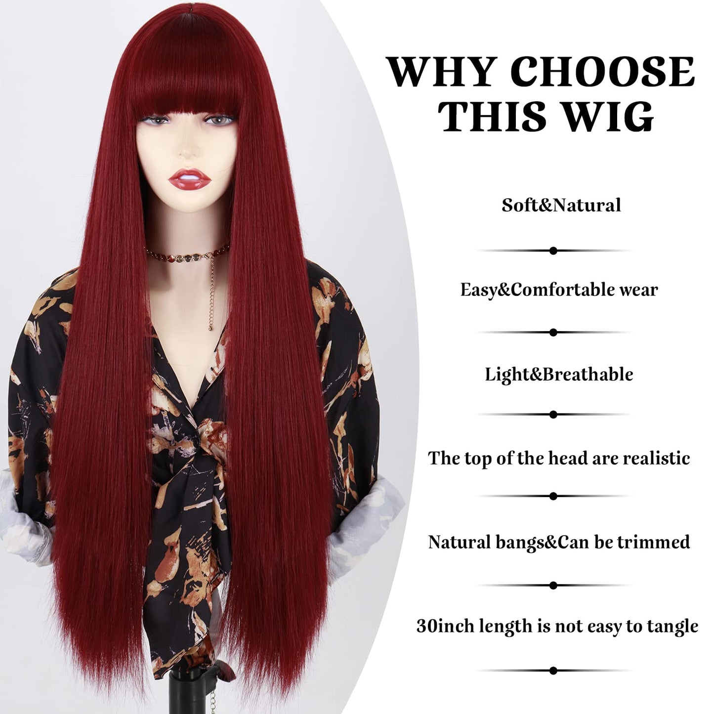 MISSQUEEN Long Red Wig with Bangs,Straight Dark Red Wigs for Women,Wine Red Long Straight Heat Resistant Synthetic wig for Fashion Women