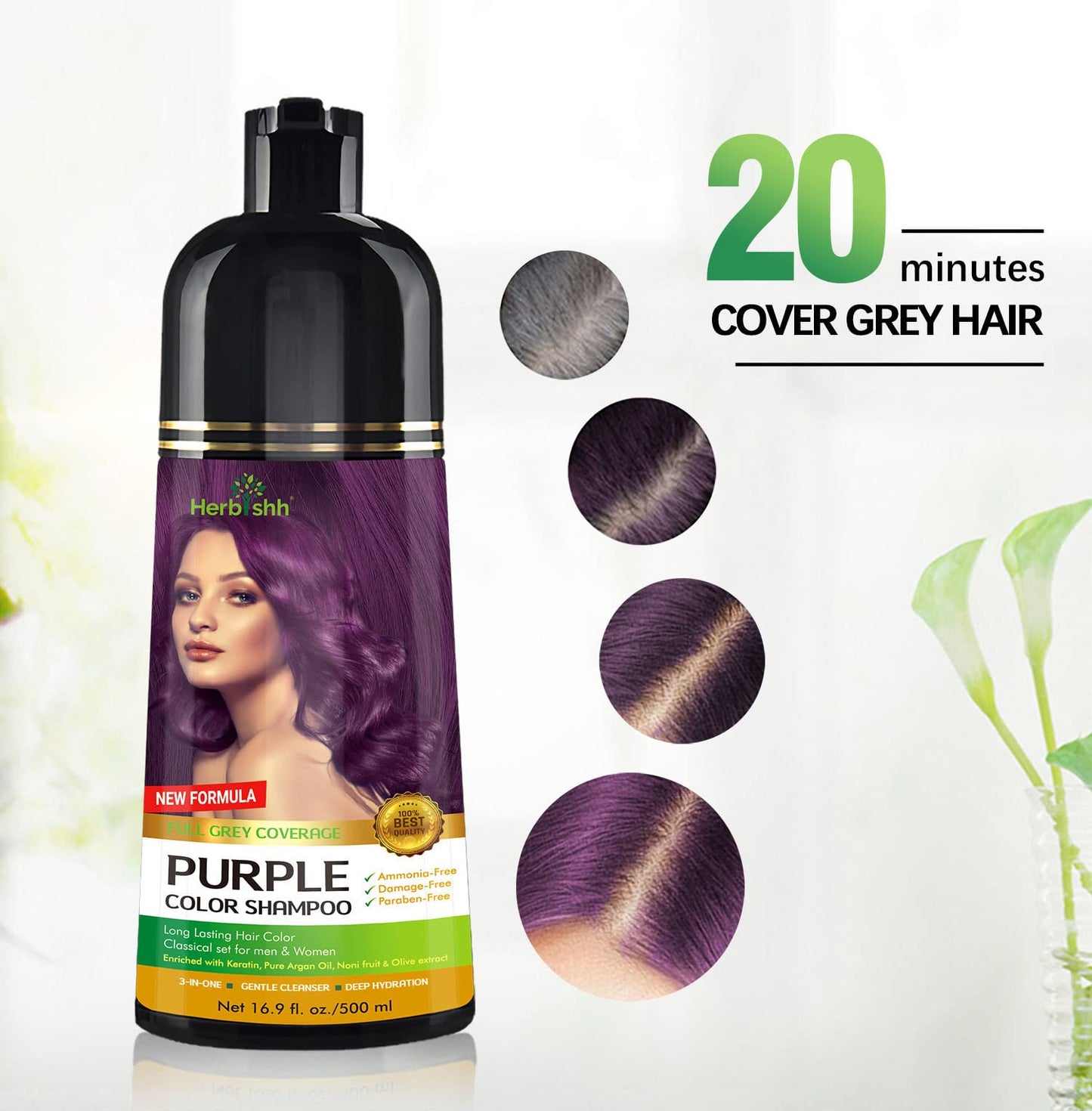 Herbishh Magic Hair Dye Shampoo – Colors Gray Hair in Minutes – Long Lasting – 500 Ml – 3-In-1 Ammonia-Free Color Treatment (Purple)