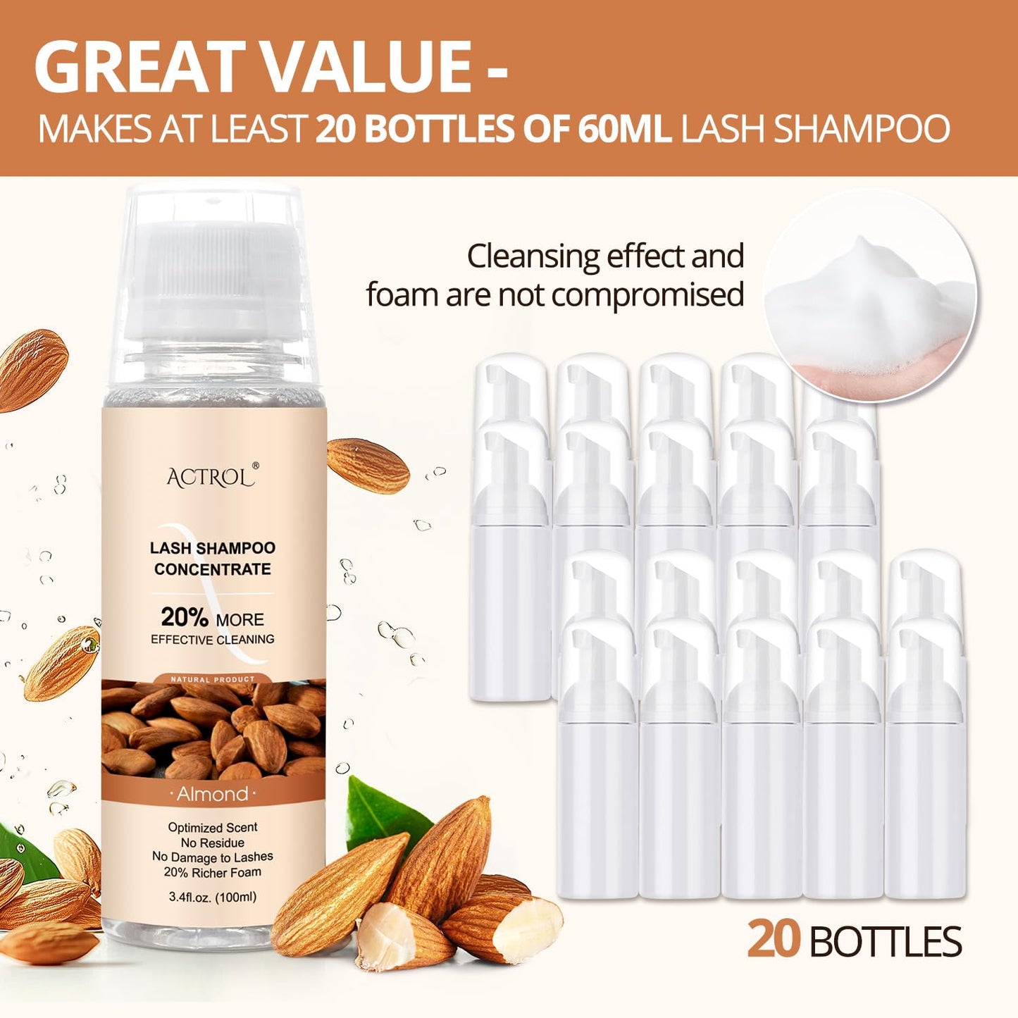 ACTROL Eyelash Shampoo Concentrate 100ml Lash Cleanser Concentrate Lash Wash Concentrate Upgrade Shampoo for Lashes DIY Eyelash Extensions Shampoo Almond