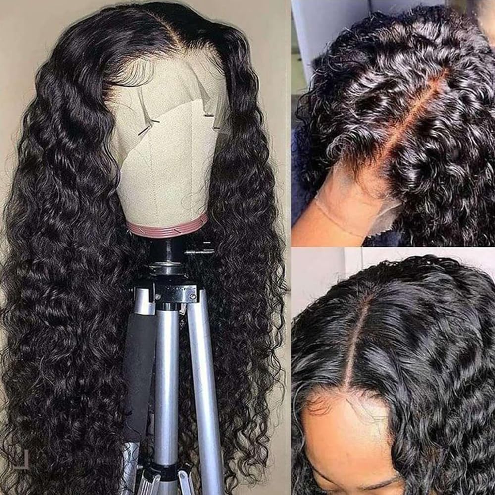 13x6 Deep Wave Lace Front Wigs Human Hair 200% Density Black Curly Lace Frontal Wig Human Hair for Women Glueless Wigs Human Hair Wet and Wavy Wigs Pre Plucked with Baby Hair (32 Inch)