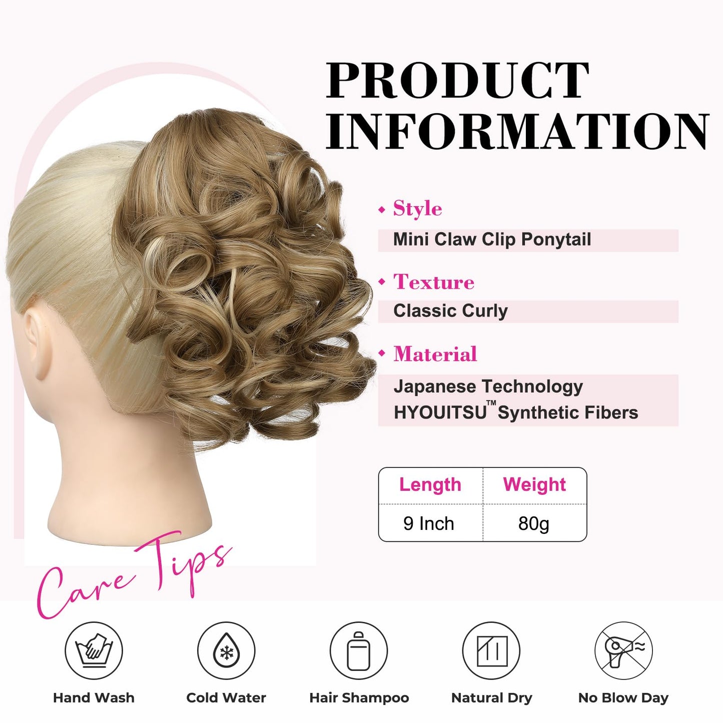 REECHO 9" Short Ponytail Extension, Classic Loose Curly Wavy Claw Clip Pony tails Hair Extensions HP001 Hairpieces for Women - Medium Blonde with Blonde Highlights
