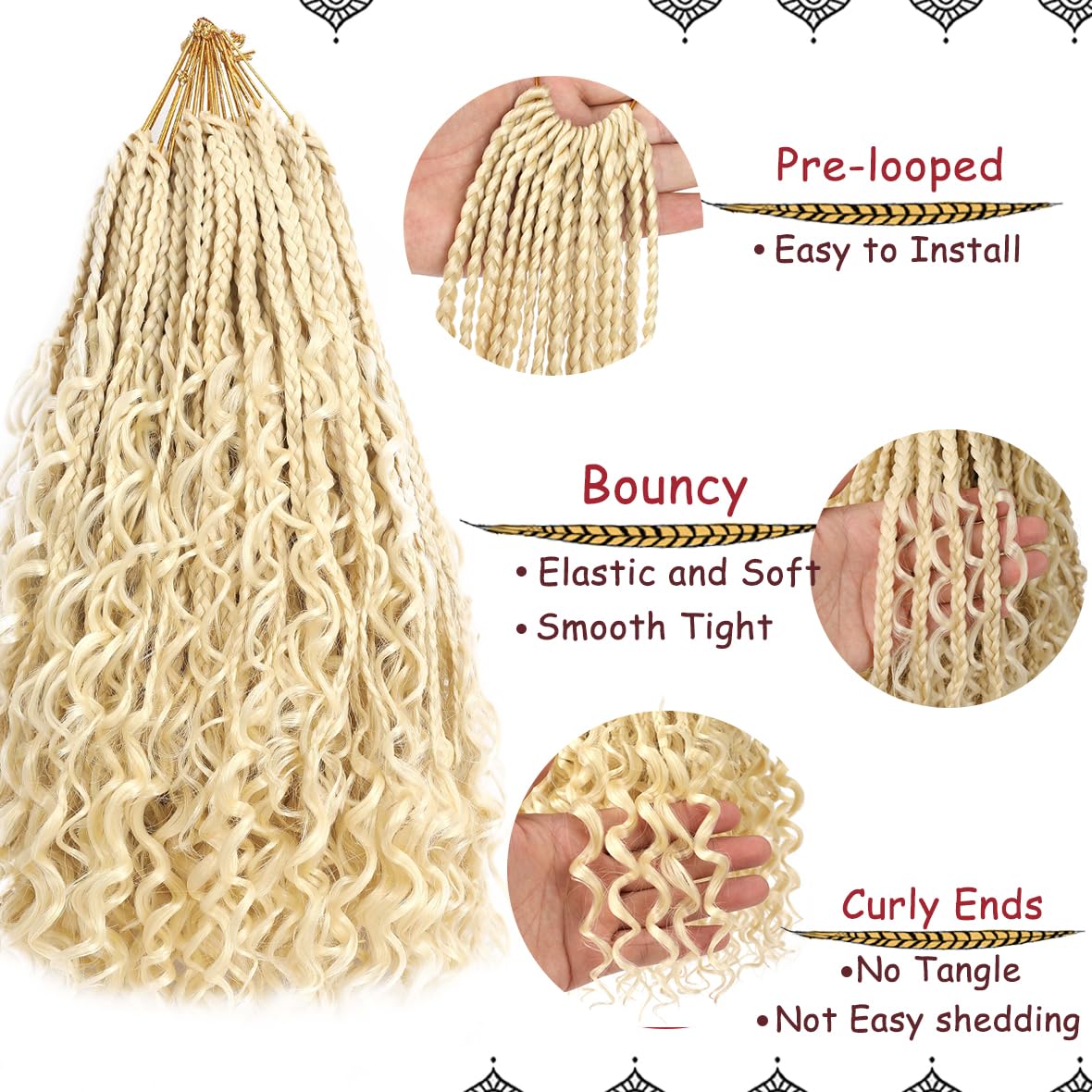 Beverlee 14 Inch Boho Box Braids 8 Packs Goddess Box Braids Crochet Hair Bohemian Hippie Braids Braiding Hair Box Braids with Curly Ends Messy Pre-looped Synthetic Crochet Hair for Women 613#