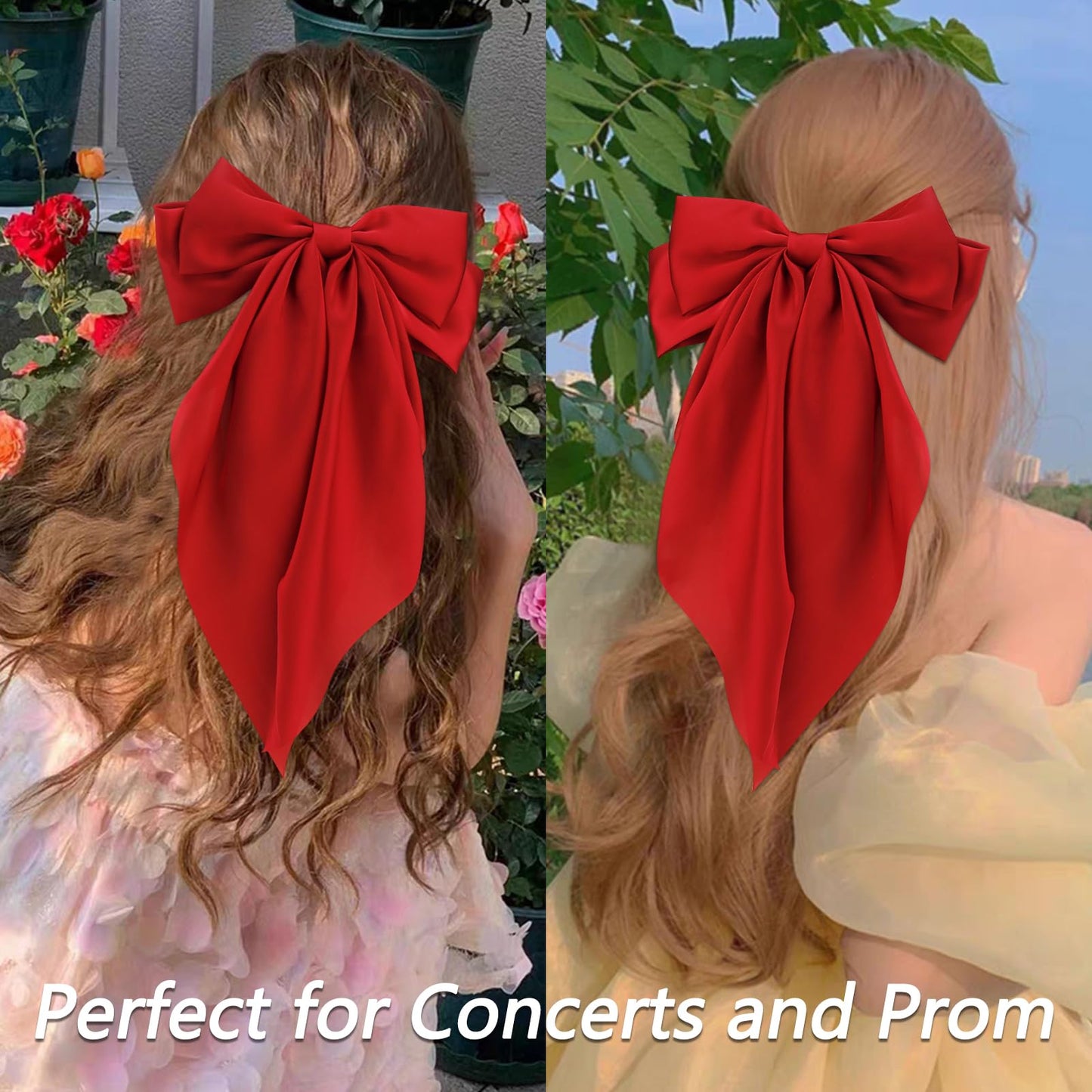 Velscrun Wine Red Hair Bows for Women Girls, Silky Satin Large Coquette Bow, Oversized Hair Ribbons 4Pcs Big Bows Clip Long Tail Bowknot Hair Barrettes Christmas Bow Accessories