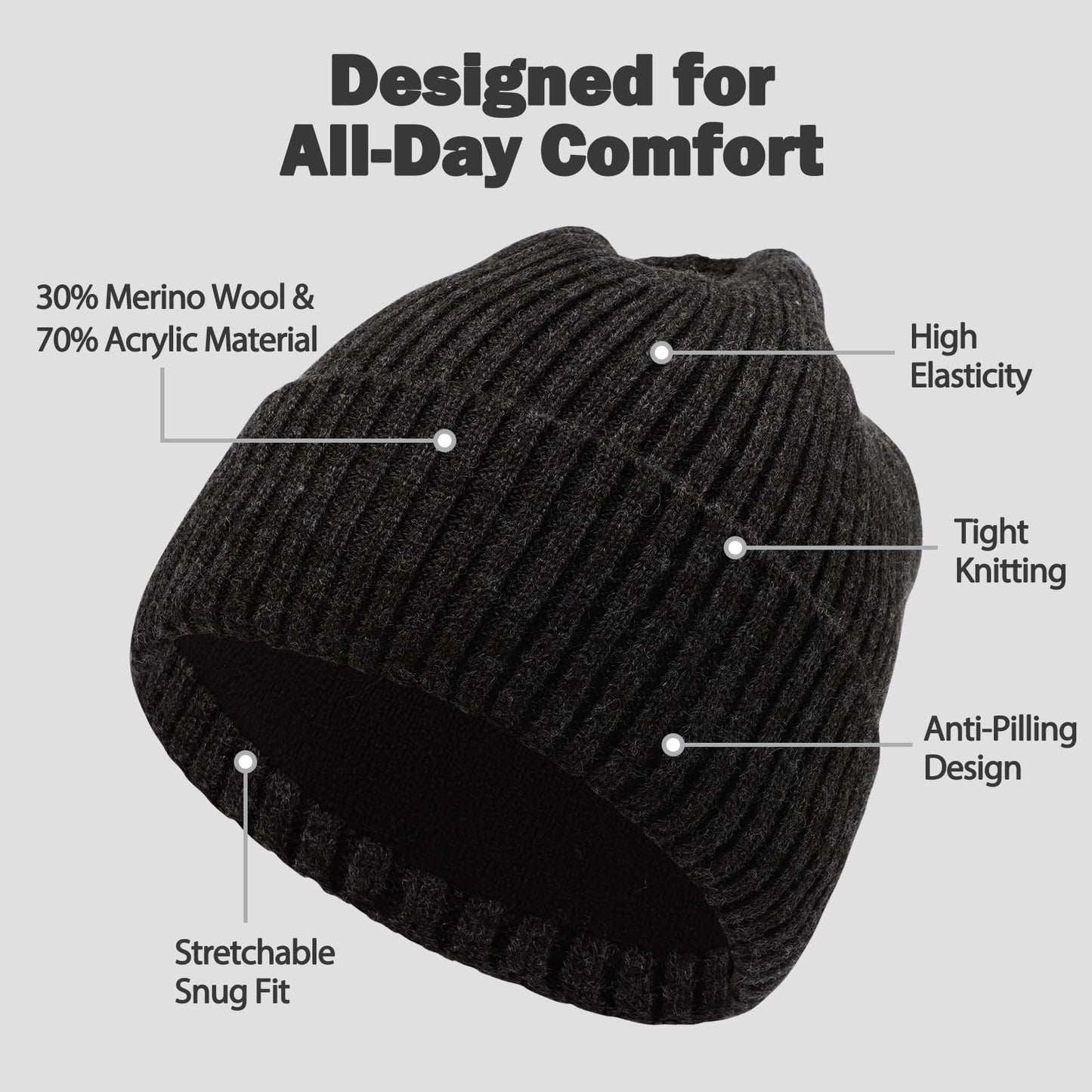 Oversize L/XL/XXL Beanie Hat for Big Heads - Unisex Merino Wool Cuff Beanie Winter Hat for Men and Women Slate Gray
