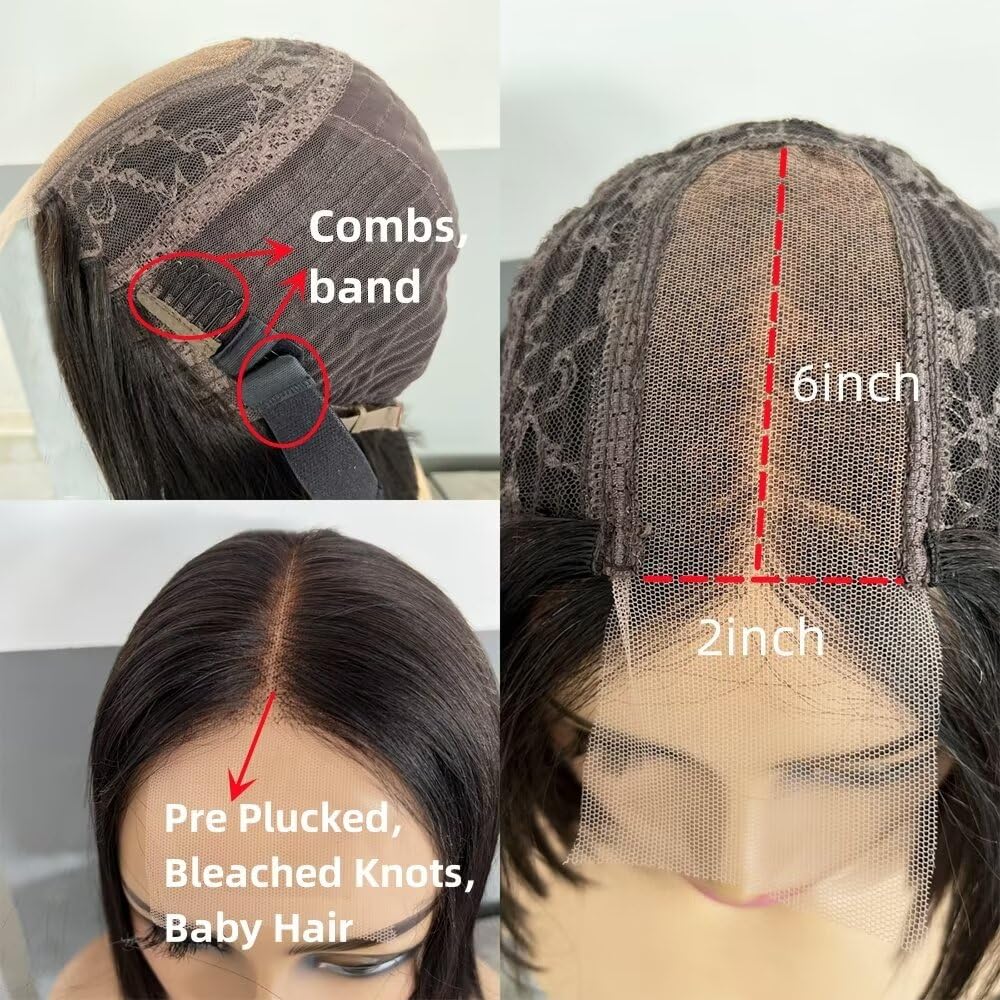 2X6 Deep Parting SKINLIKE Real HD Human Hair Short Bob Wigs Pre Plukced 0.10mm Ultra-thin Invisible Swiss HD Lace Closure Single Knot Undetectable Melted Lace Closure Wigs 180% Density 12Inch