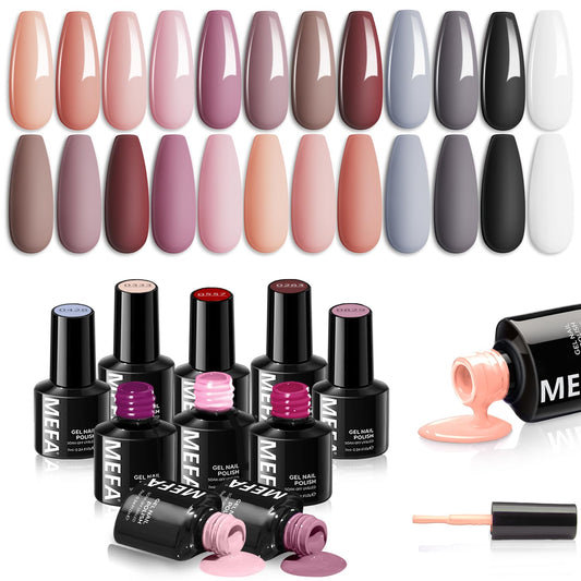MEFA 12 Colors Gel Nail Polish Set, Purple Burgundy Red Brown Gray Gel Nail Polish Colors Collection Nail Art Manicure DIY Salon Home Gifts for Women Girls