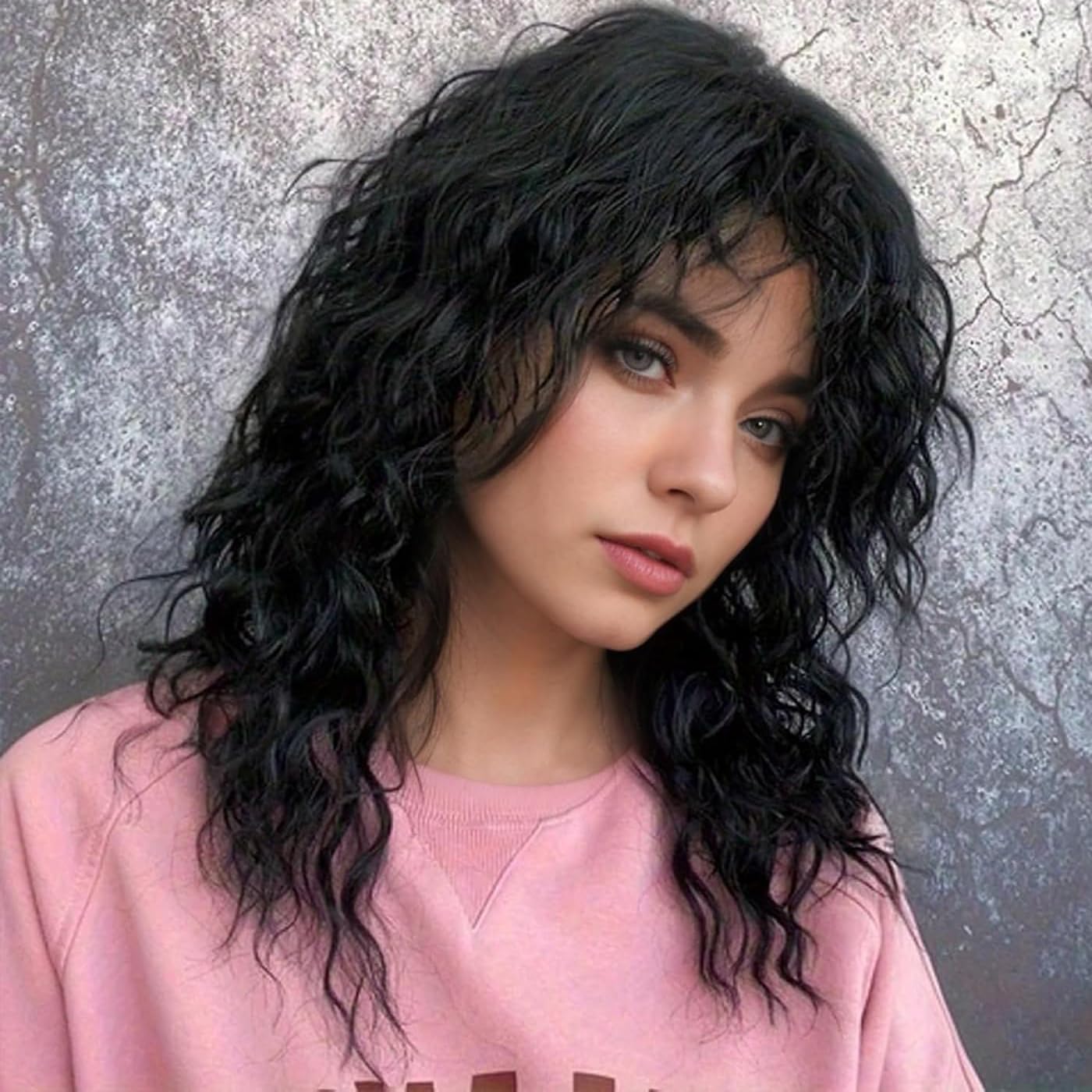 Baruisi Long Curly Wavy Women Wig with Bangs Synthetic Halloween Cosplay Party Hair Replacement Wig,Black