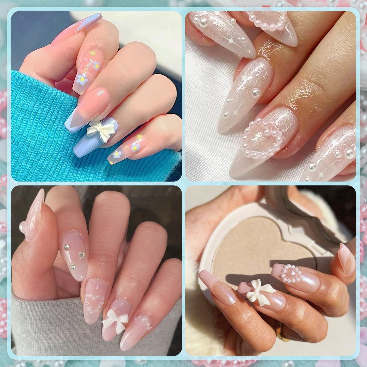 600Pcs 3D Multi Shapes Nail Charms and Flatback Pearls, Light Pink&White Mix Styles Heart Star Bow Sunflower Embellishments for Nail Art, Craft and Decoration with Tweezer and Pickup Pencil