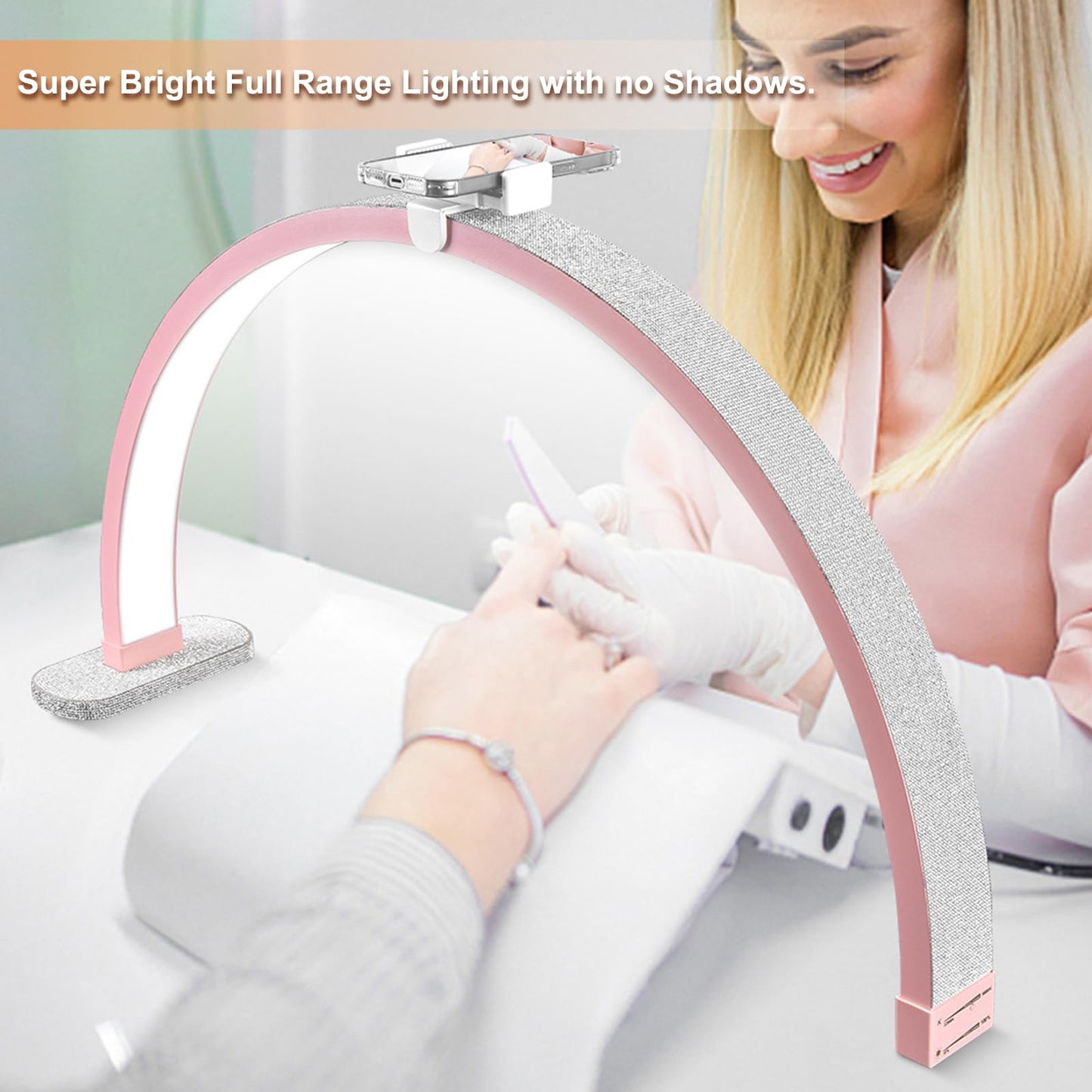 30in Half Moon Light for Nail Desk, Touch Control Nail Light for Desk, Moon Light Nail Tech with Phone Holder, Nail Table Lamp Adjustable Brightness and Color Temperature