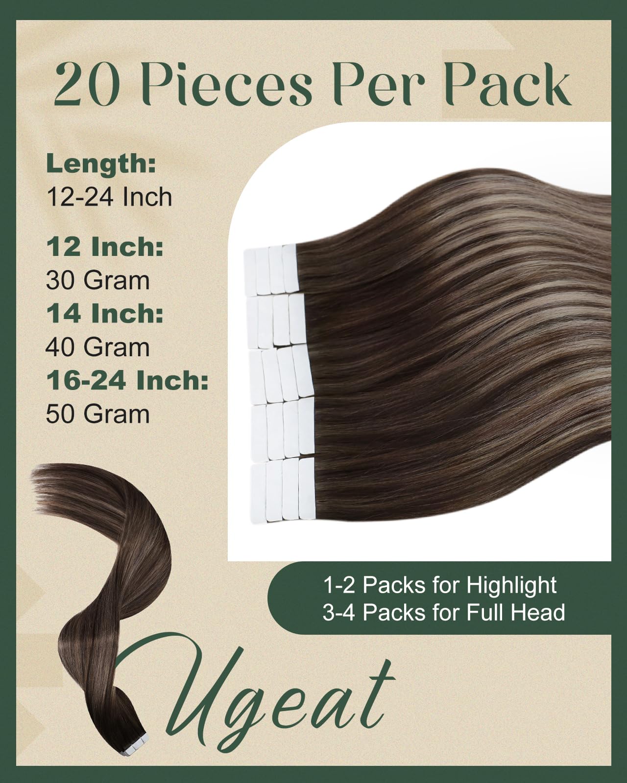 Ugeat Tape in Hair Extensions Human Hair Brown Balayage Hair Extensions Tape in Dark Brown Highlight Ash Brown Ombre Seamless Tape in Human Hair Extensions for Women Short Hair 12 inch 20Pcs 30G
