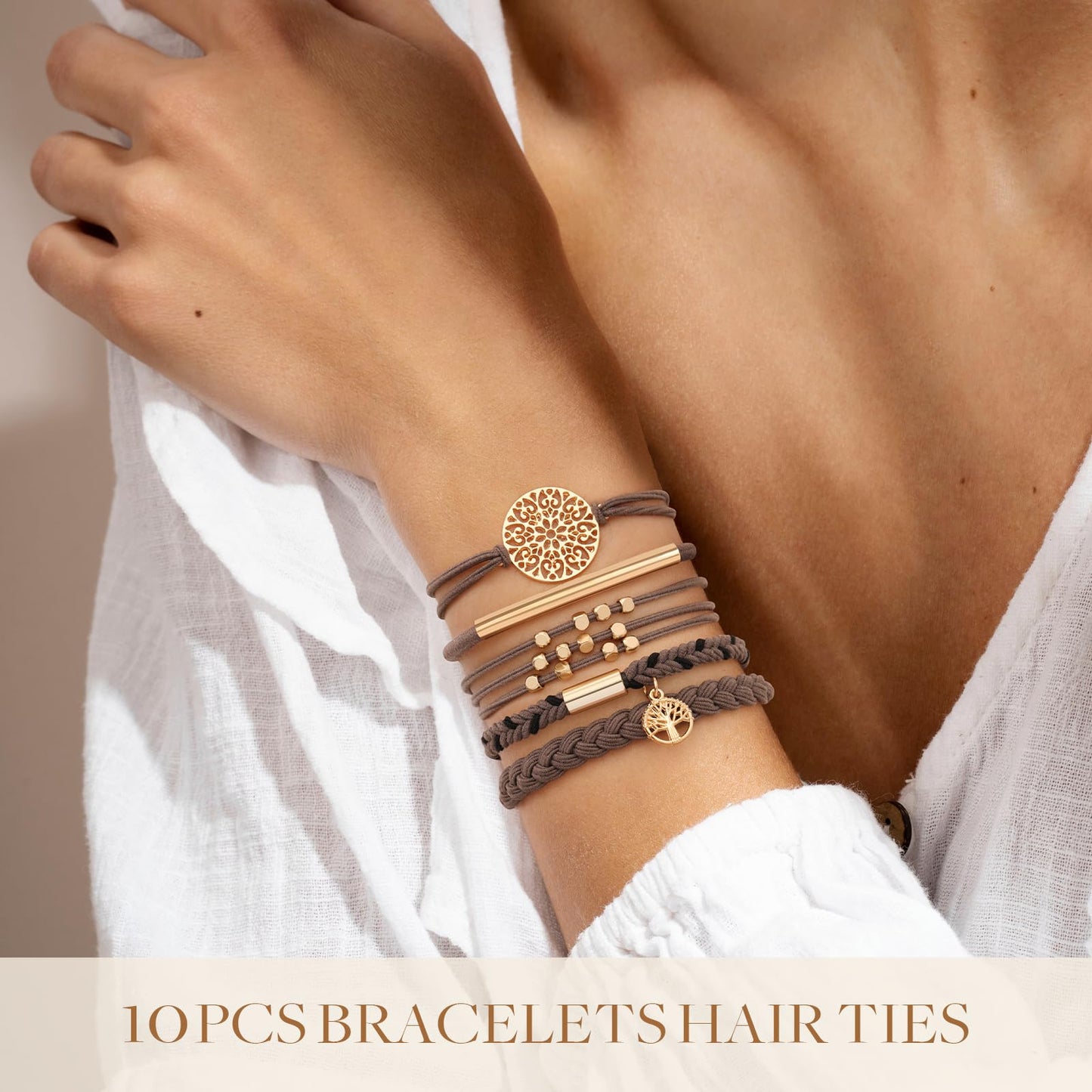 10 PCS Boho Hair Ties - No-Damage, 5 Styles for Thick & Thin Hair, Cute Stretch Bracelets, Braided Ponytail Holders, Grey