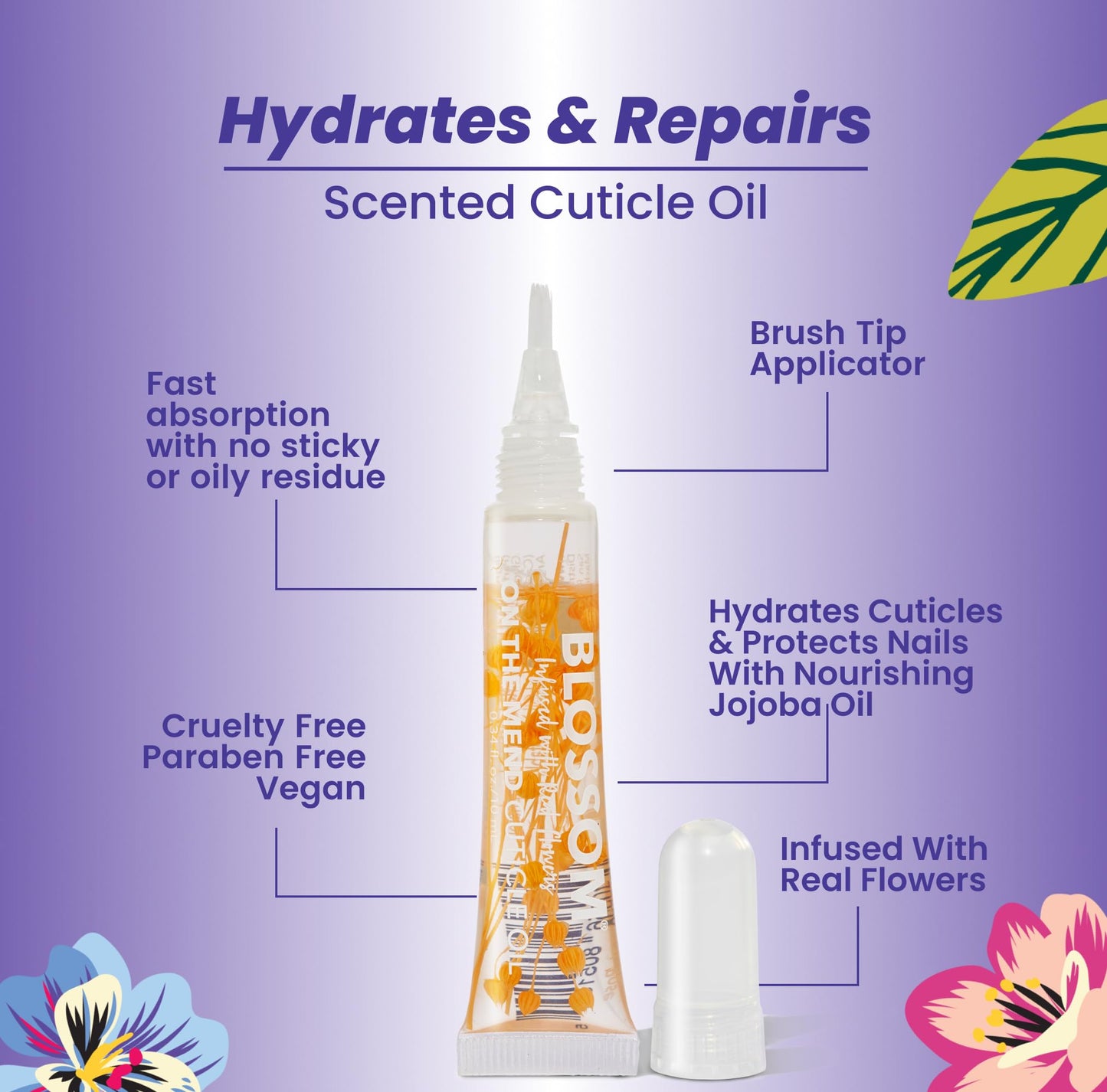Blossom Cuticle Oil, On the Mend Scented Portable Cuticle Pen Tube for Travel with Brush Tip and Nourishing Jojoba Seed Oil, Infused with Real Flowers, 0.34oz, Spring Bouquet