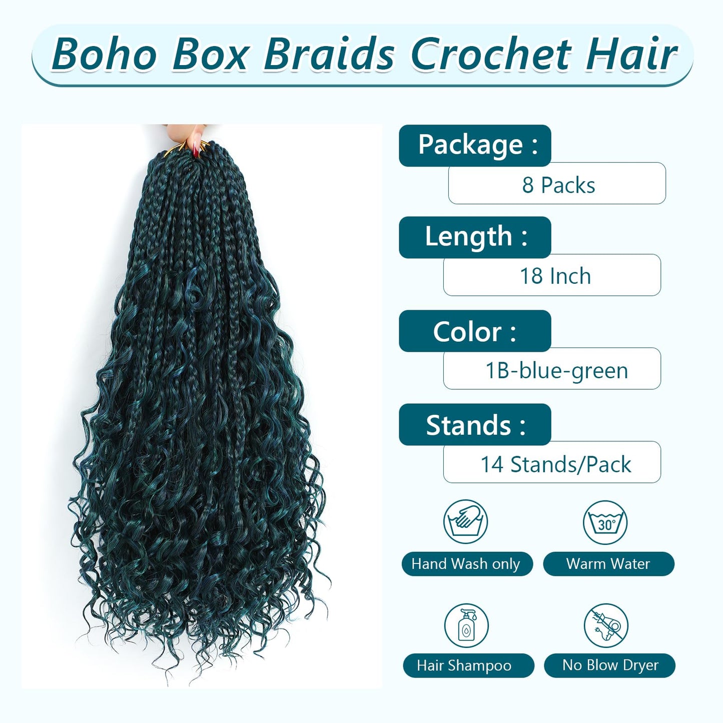 8 Packs Crochet Box Braids- 18 Inch Goddess Box Braids Crochet Hair Bohomian Crochet Braids Hair Synthetic Braiding Hair Extensions Crochet Hair for Black Women (18(8Packs), 1B/Blue/Green)